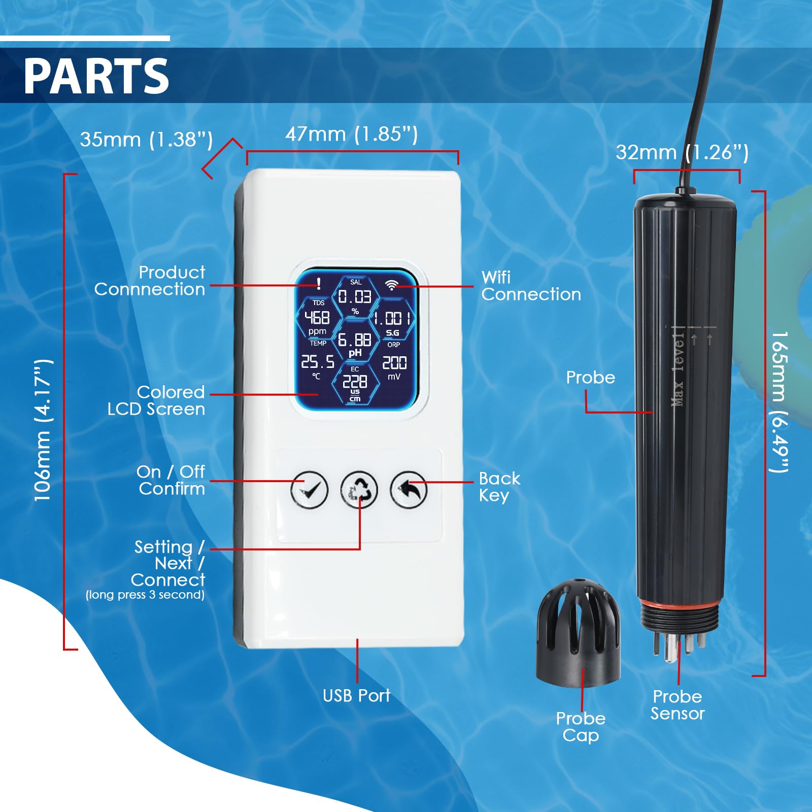 Smarter Wasserqualitätstest Wireless WiFi Multi-Parameter Wasserqualitätsmesser für pH/ORP/TDS/EC/Salinität/SG/Temp Überwachung Echtzeit-Warnungen mit App-Verbindung für Aquarium, Salzwasser Nano