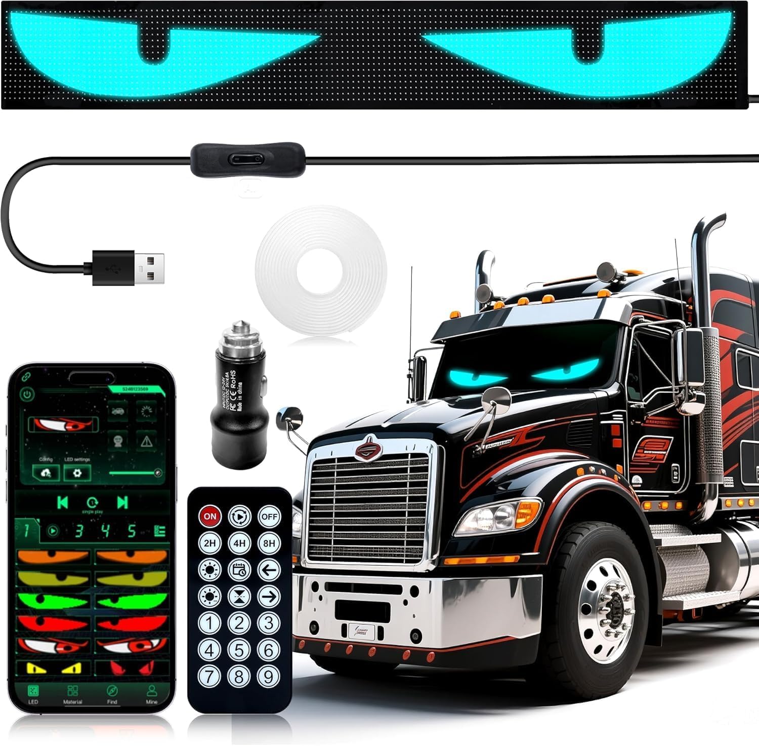 52.4" x 7.56" Programmable Windshield LED Devil Eyes Display, 1PC, USB 5V Bluetooth APP Control, Flexible LED Display Panel for Car Front Windshield,