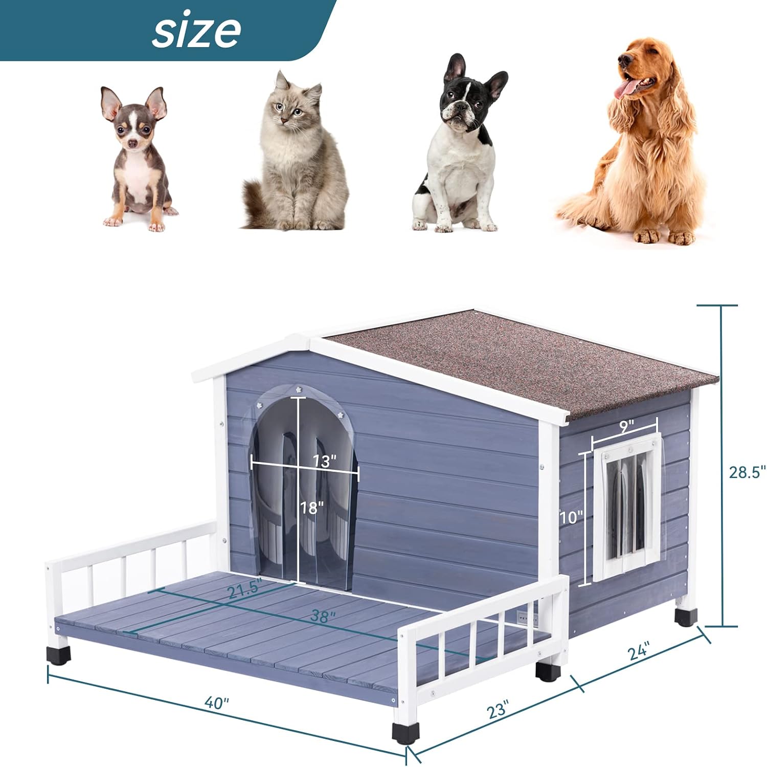 Petsfit Dog House Outdoor with Terrace & Openable Asphalt Roof, 40" L x 47" W x 28.5" H, Outside Dog House with Elevated Floor, Dog House for Small Medium Dogs