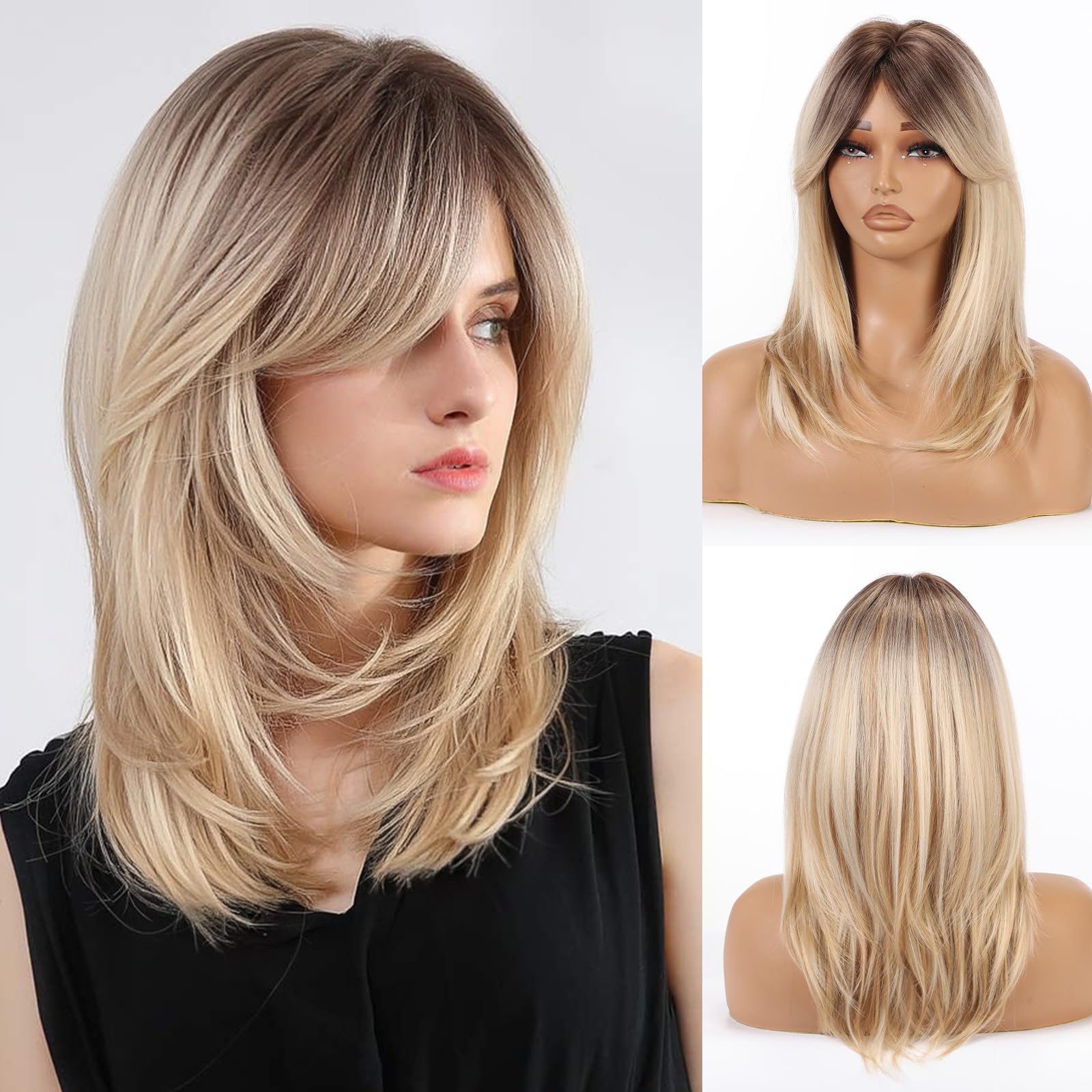 Allbell Mixed Blonde Wig with Curtain Bangs Medium Length Layered Hair Wig for Women Heat Resistant Synthetic Wigs for Daily Use