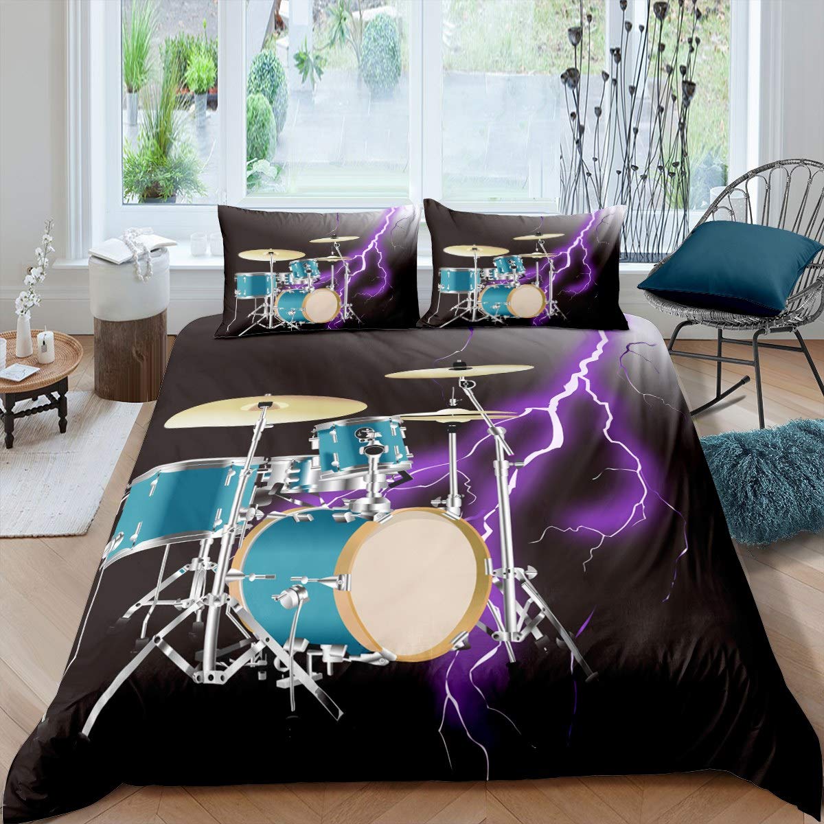 Drum Kit Duvet Cover Rock Music Themed Bedding Set Musical Pattern Comforter Cover for Youth Teens Room Decor Purple Lightning Bedspread Double Size With 2 Pillow Case — image 1