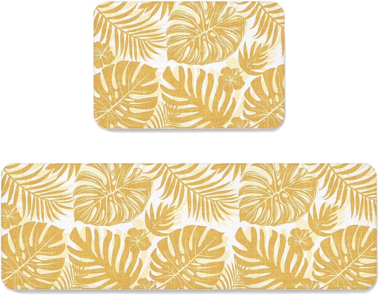 Yellow Palm Leaves Kitchen Mats Set of 2 Tropical Botanical Minimalist Modern Non Slip Mat Washable Floor Rug for Kitchen Sink Floor Laundry, 19.7"x31.5"+19.7"x47.2"