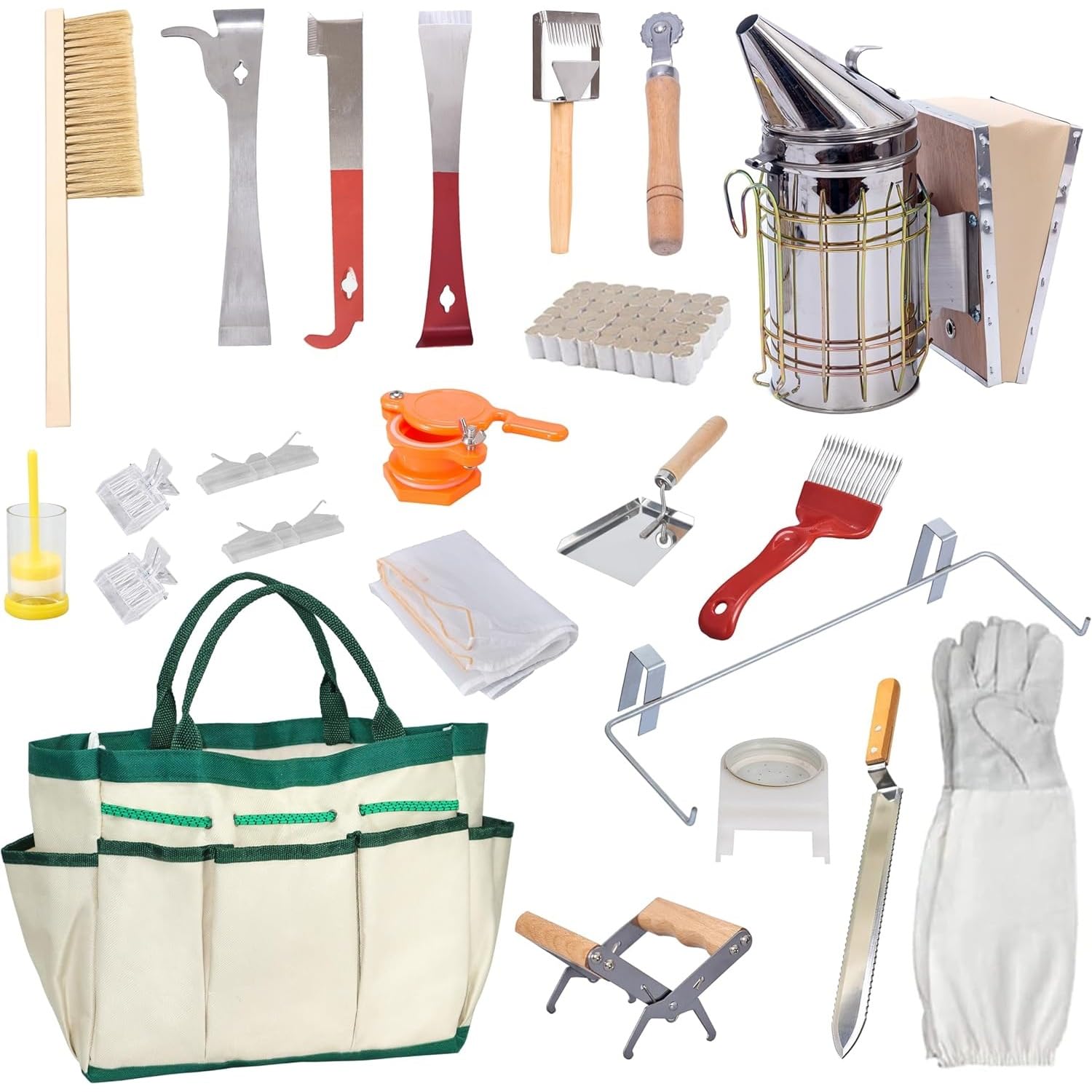 Kit per apicoltura da 23 pezzi, con custodia, affumicatore, raschietto, rete filtrante e strumenti per apicoltori
