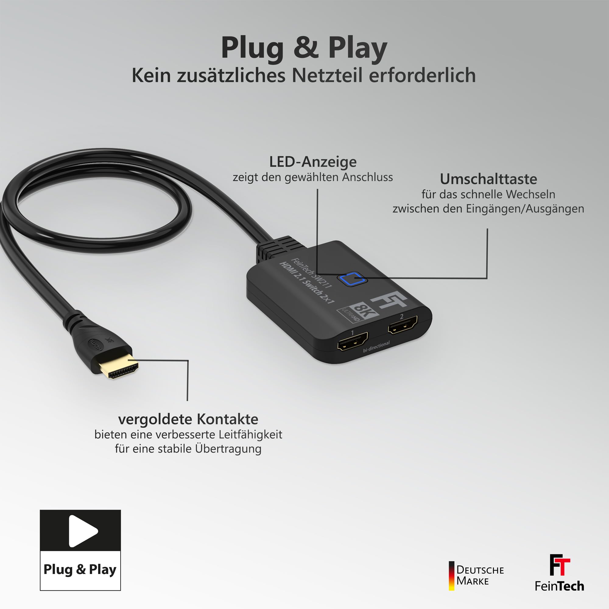 FeinTech SW211 HDMI 2.1 Switch 4k 120Hz 2 in 1 Out oder 1 in 2 umschaltbare Ausgänge (bidirektional) mit integriertem HDMI-Kabel, 8K, 48Gbps, unterstützt HDR, VRR, ALLM und Dolby Vision