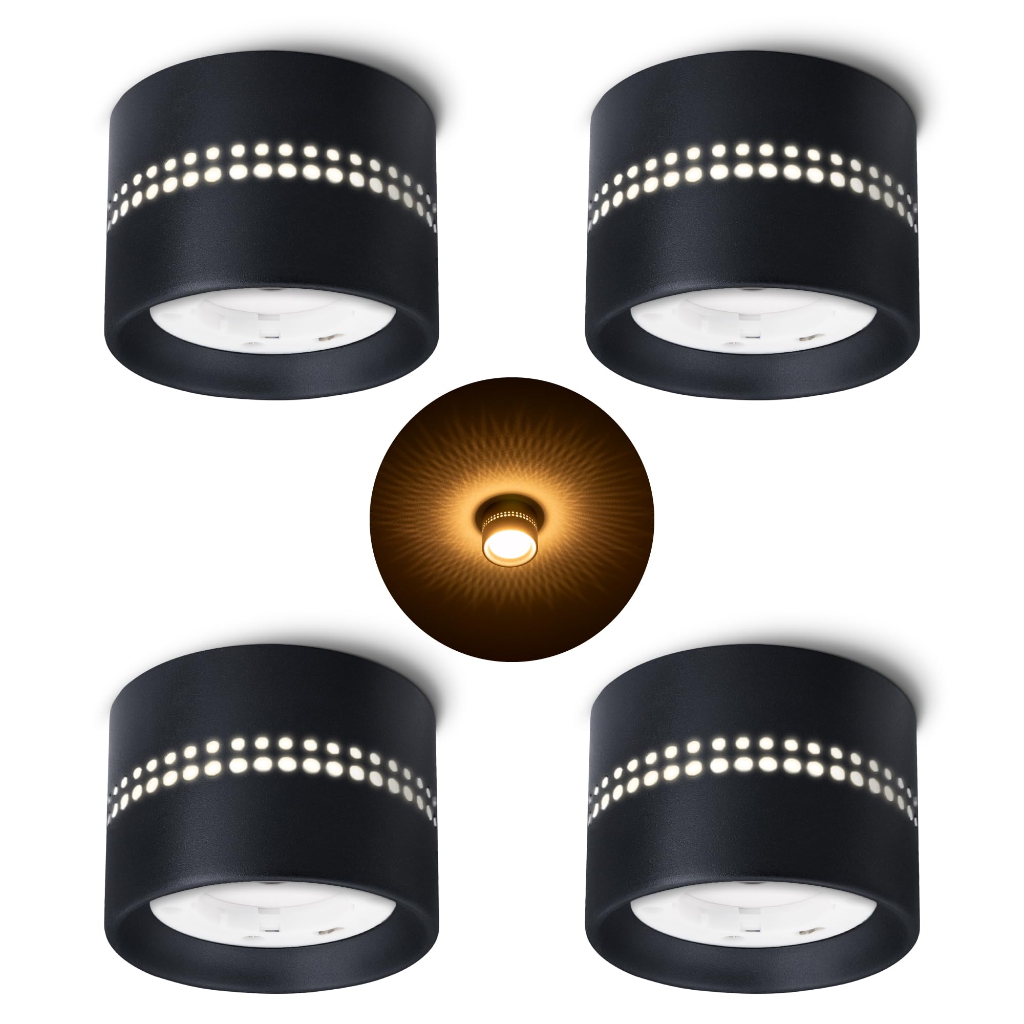 SSC-LUXon 4er Set ALAPI Deckenleuchte Spot schwarz mit indirektem Lichteffekt - Aufputz Lampe flach für GX53 Leuchtmittel 230V