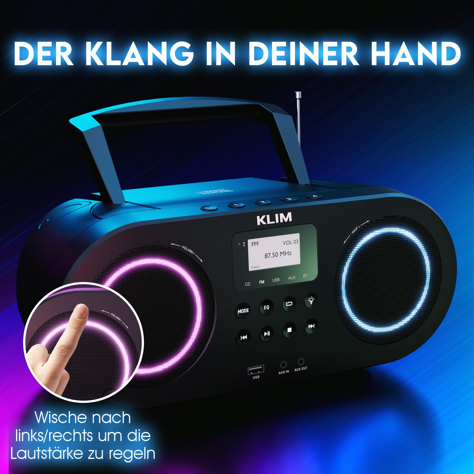 KLIM Boombox B5 Radio mit CD Player + FM Radio, Bluetooth, AUX, USB + NEU + CD Player tragbar mit kabellosem Modus und aufladbaren Akku + CD-Player mit Autosleep, Digital EQ