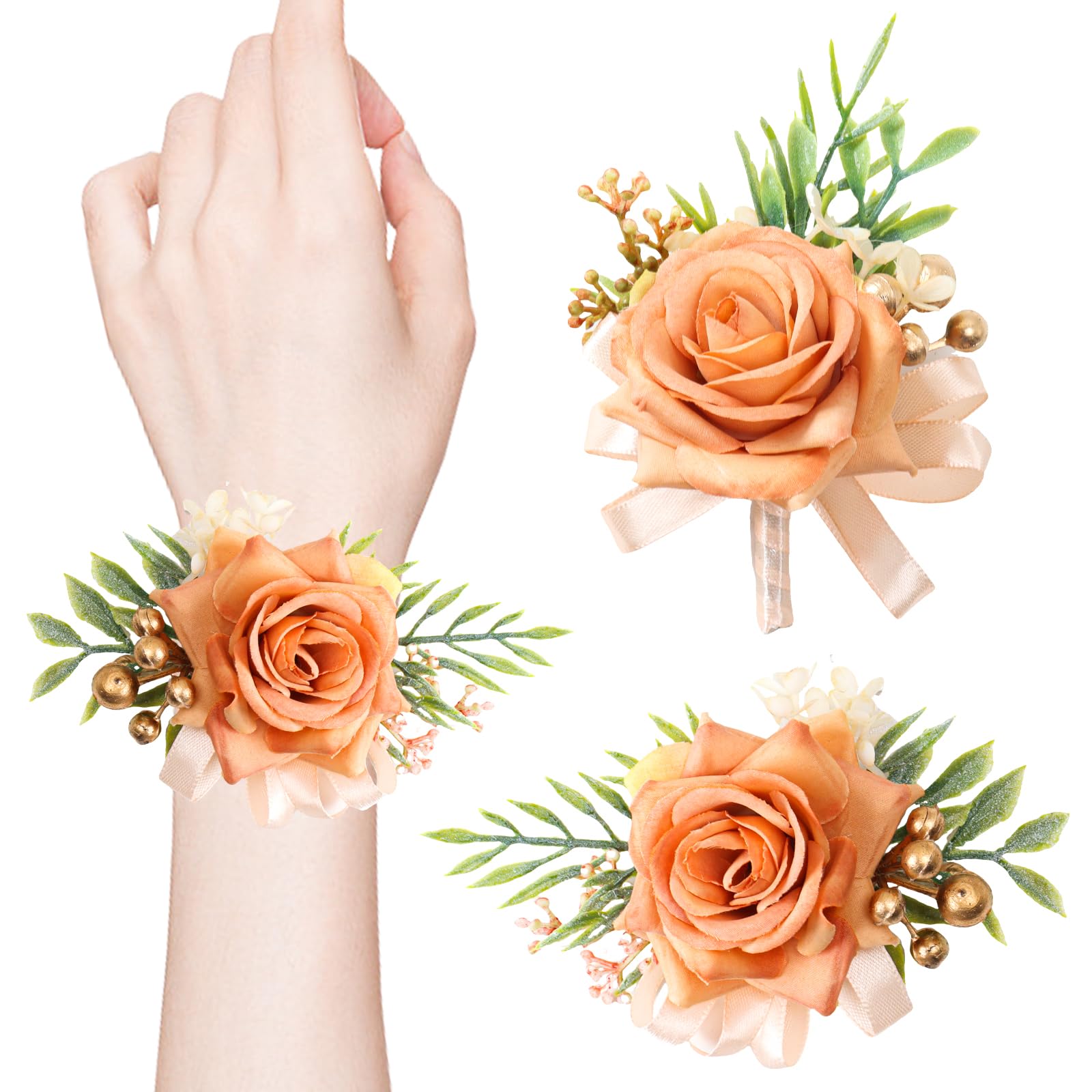 2 Pcs Orange Rose Corsage and Boutonniere Set for Wedding, Artificial Flower Prom Wrist Corsage, Wrist Corsage and Men Boutonniere Set for Prom Suit Decoration Wedding Flower Party Accessories