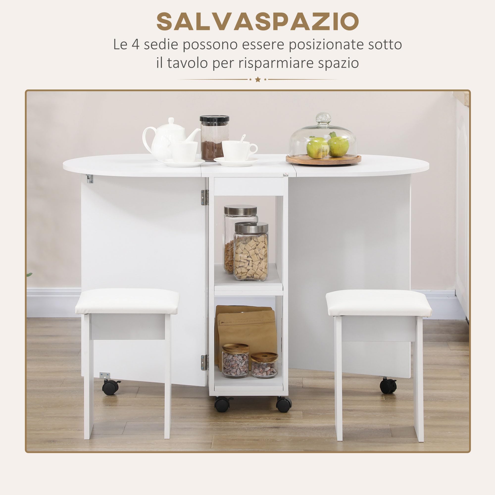 HOMCOM 5 pz Set da Pranzo con Tavolo Pieghevole con 4 Sgabelli Bianco