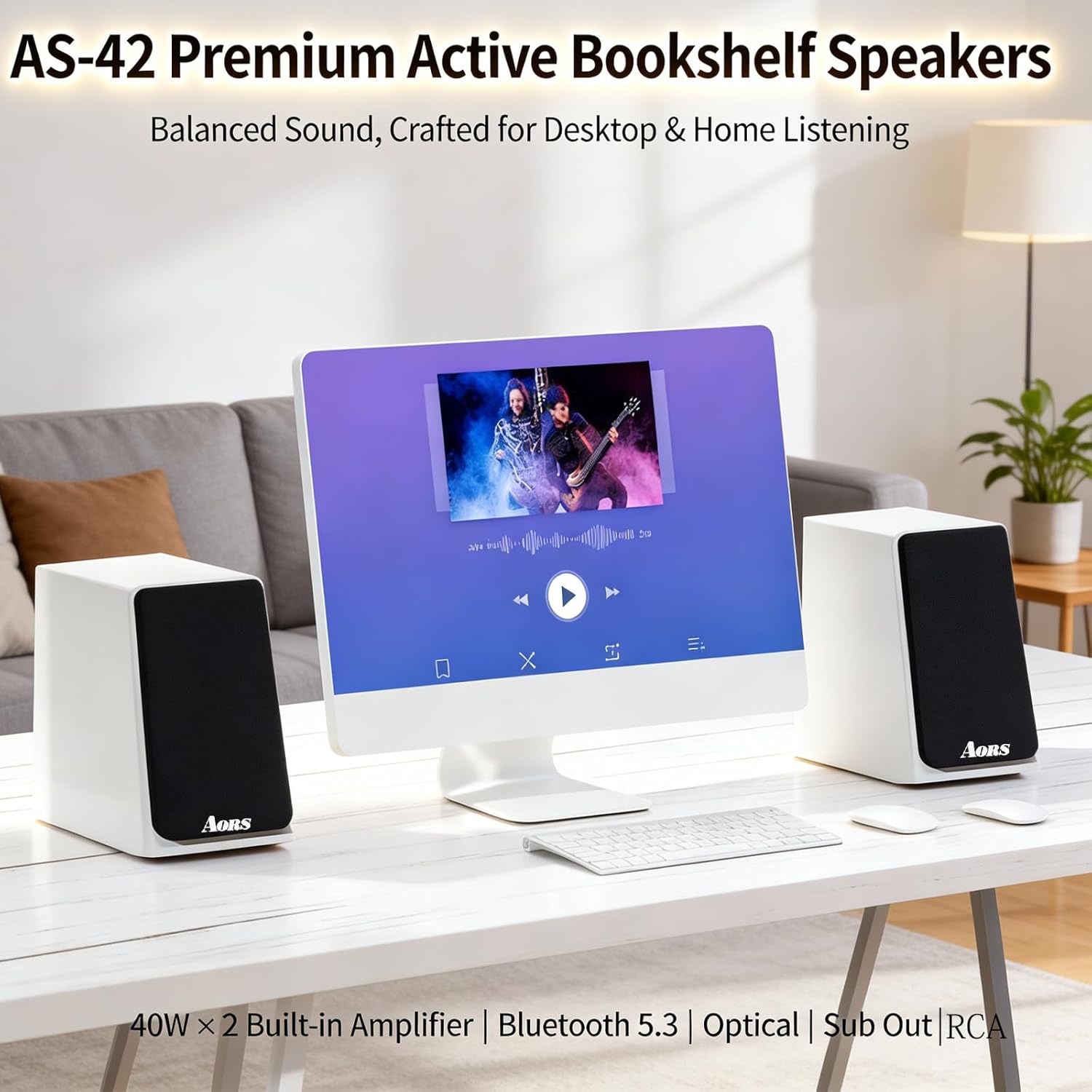 Active Bookshelf Speakers for TV & Desktop – Powered Stereo Bluetooth 5.3 Speaker with Optical & RCA Inputs, Subwoofer Output, Modern Wooden Design(AS-42 White) - Image 2