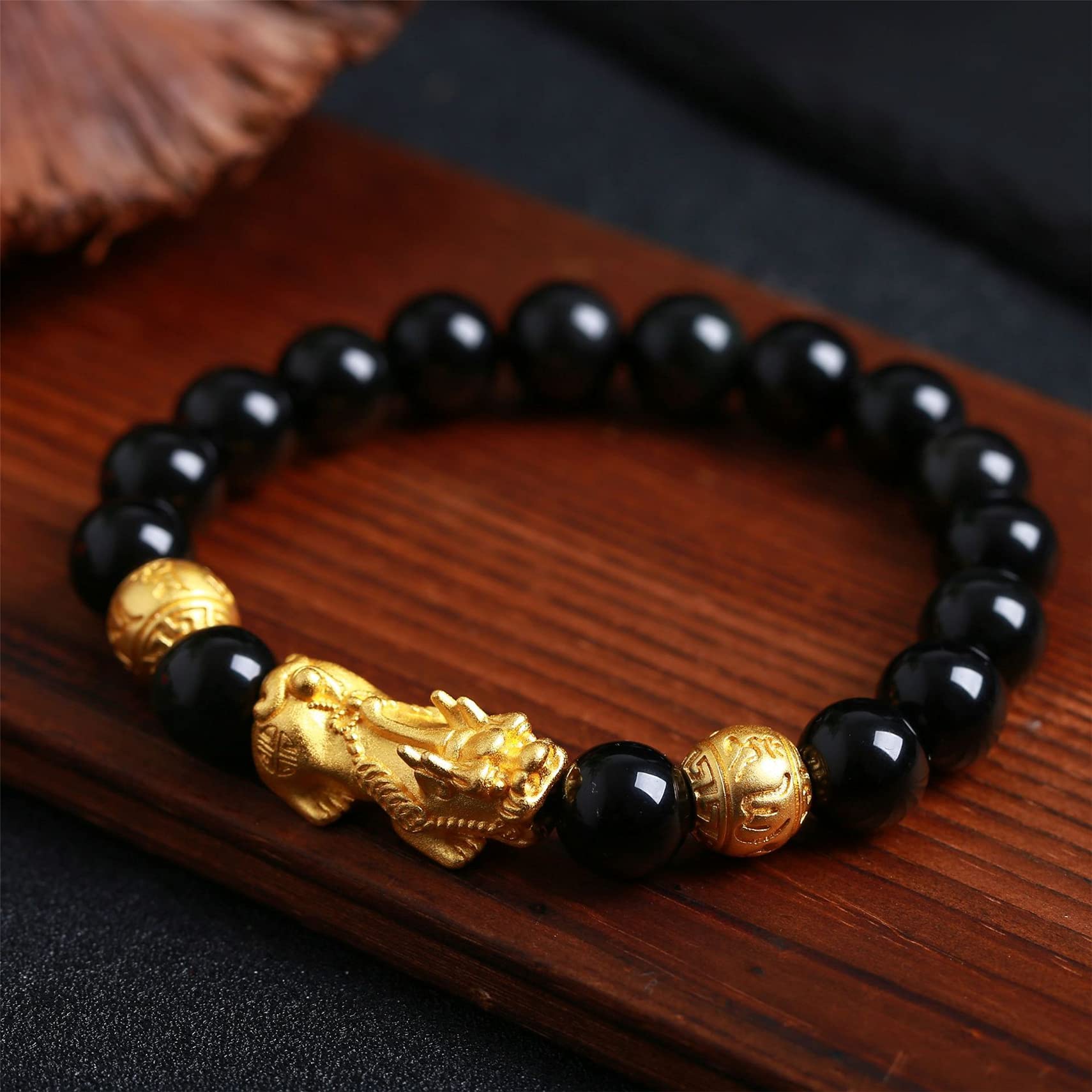 Nzpost Obsidian_10mm Triple Protection Bracelet, Piyao Bucket Beads Bracelet Wealth Six Words Natural Black Obsidian Ge