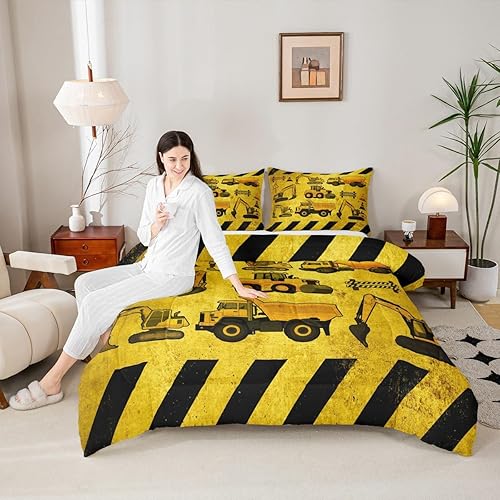 Vista 4 de Juego de ropa de cama de tractor tamaño matrimonial, juego de edredón de camión de equipo, edredón de plumón de excavadora de construcción, juego