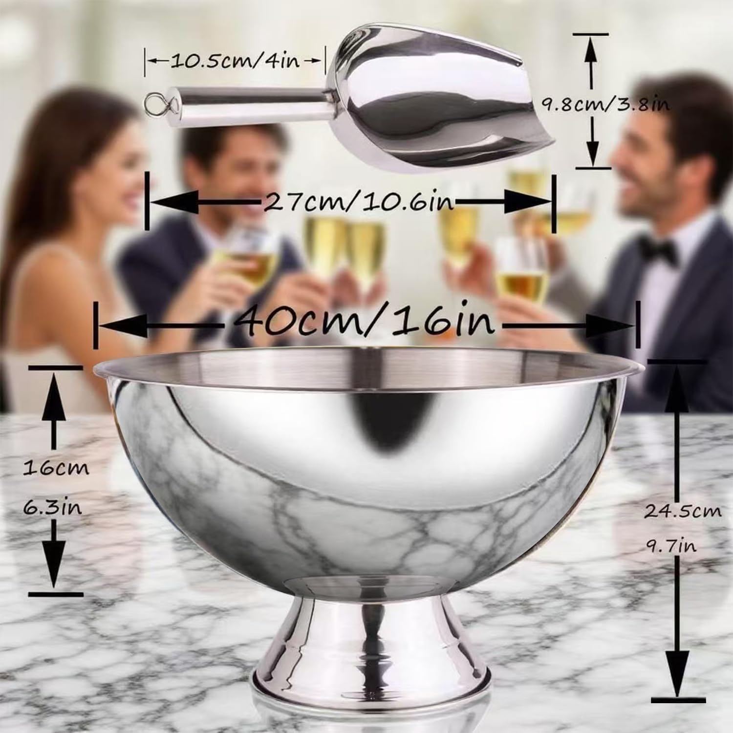 Cuenco grande para champán, 12 L, cubo de hielo con cuchara de acero inoxidable, cubo de hielo grande para fiestas, cuenco de hielo de gran tamaño para vino, cerveza, hogar, bar, celebraciones, 16