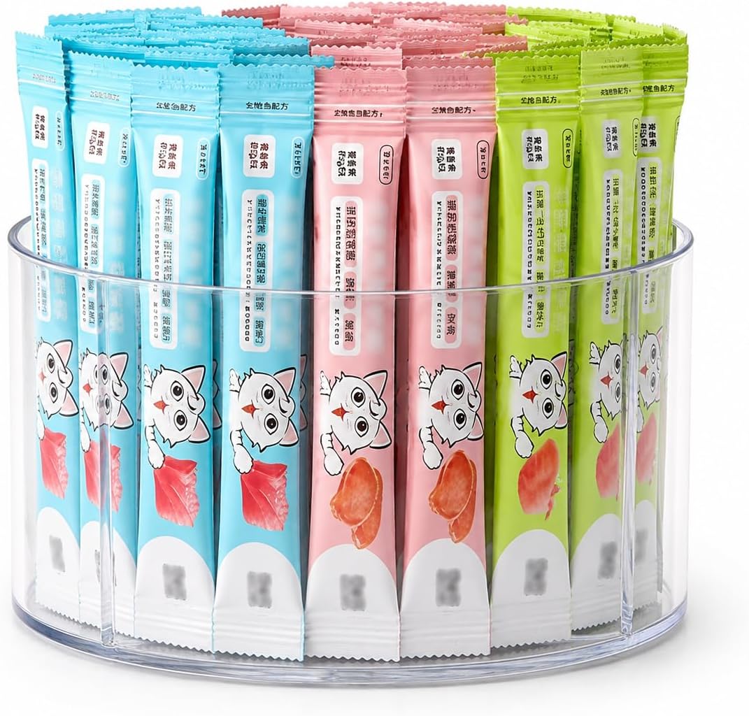 Lickable Cat Treats Organizer, Clear Acrylic Lazy Susan Cat Treat Holder with 4 Compartments, Squeeze Up Cats Food Storage for Wet Treat Tubes, Puree Snacks, Countertop Pantry Shelf