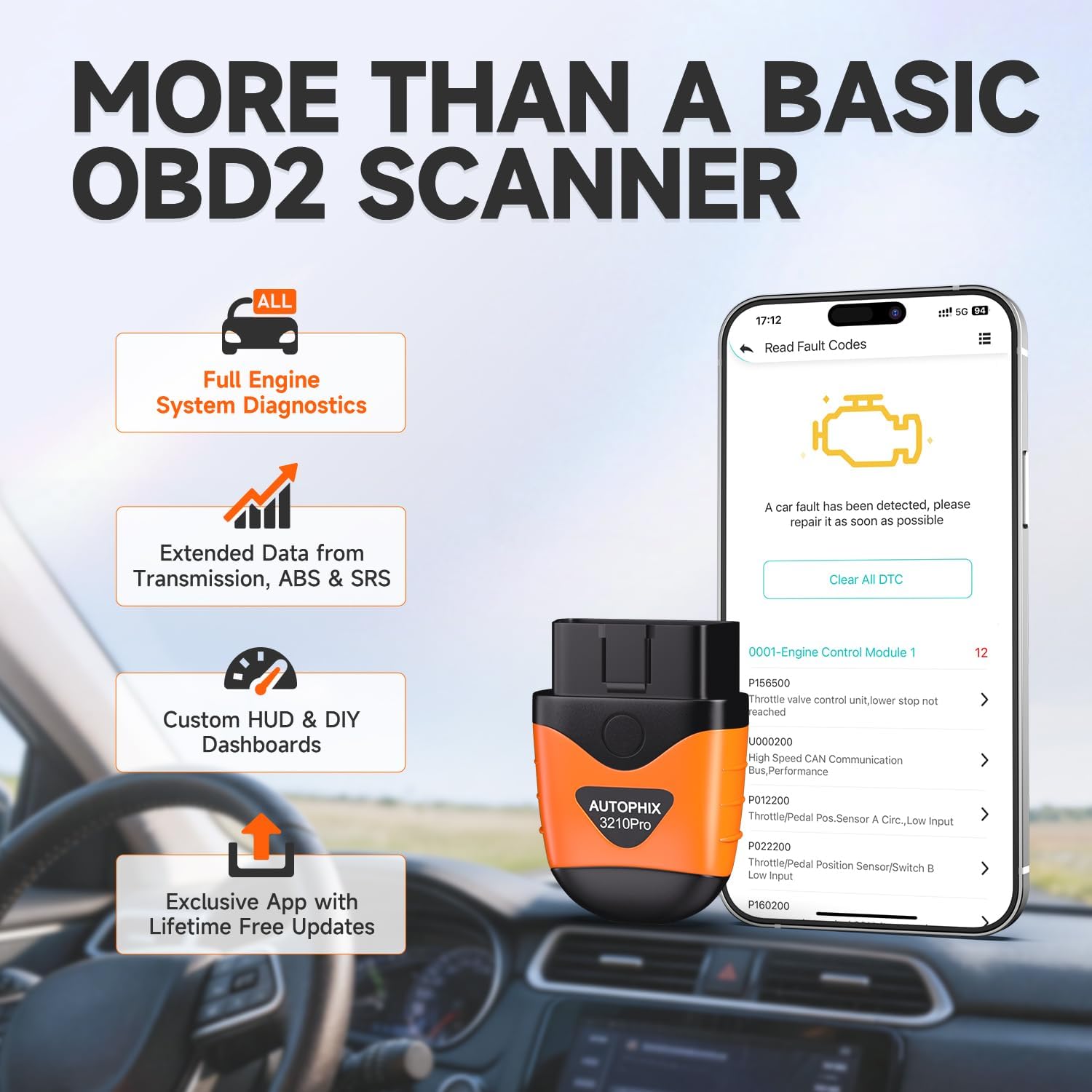 AUTOPHIX 3210 Pro OBD2 Scanner Bluetooth - Check All Engine Fault Codes for All 1996+ Vehicles - Easy DIY Car Scanner with Battery & Performance Test, No Subscription Fee for iPhone & Android