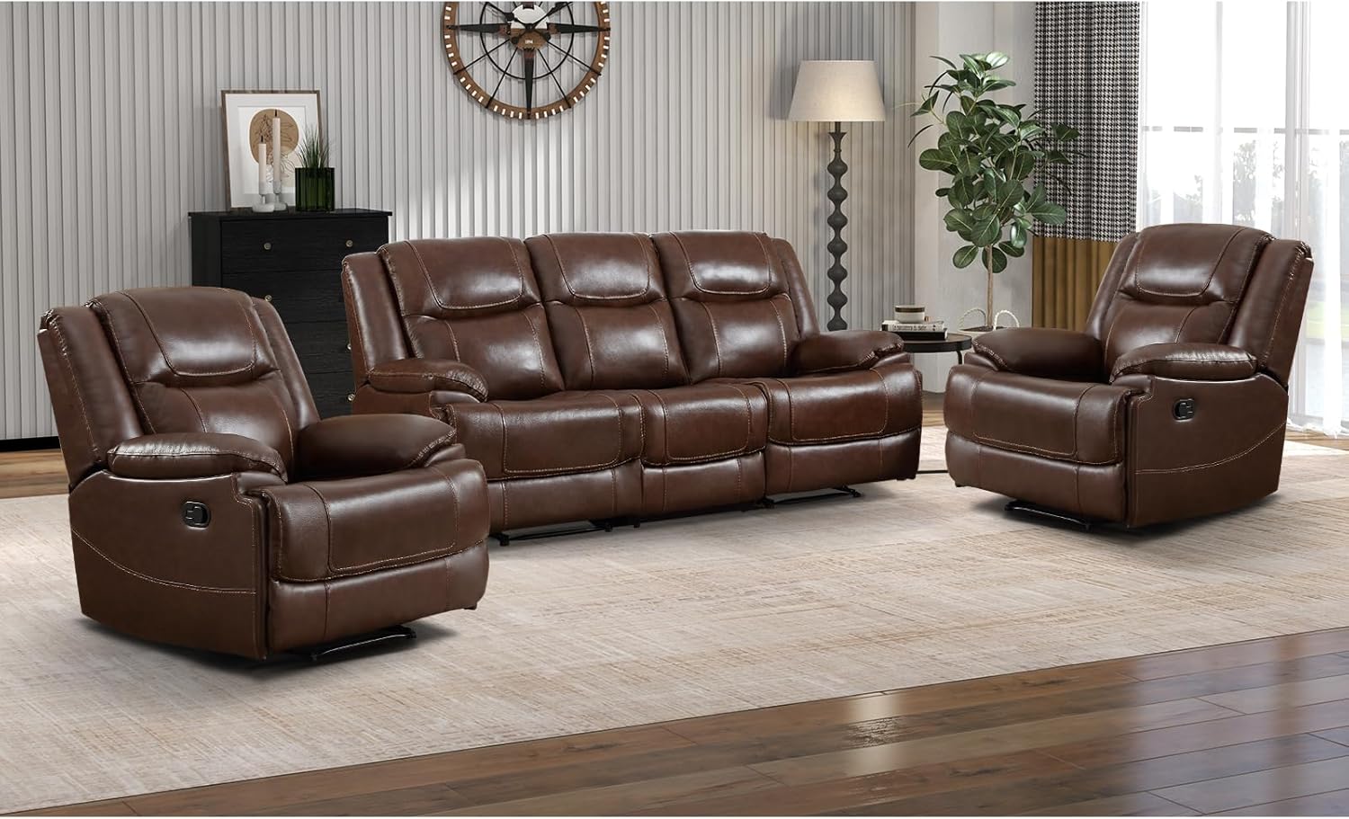 EBELLO Genuine Leather Recliner Manual Sofa Set, Double 1 Seat Reclining Chair, a 3 Seater Sofa with Headrest and Armrest, Modern Durable Home Furniture Set for Living Room, Vintage Brown
