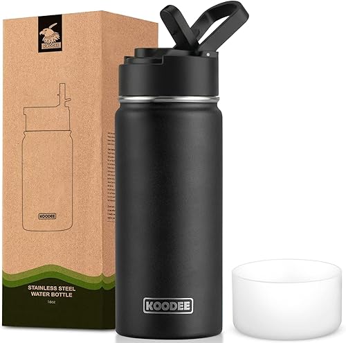 Miniatura 56 de koodee Botella de agua de 16 onzas de acero inoxidable de doble pared aislada al vacío, botella de agua de boca ancha con tapa de popote a prueba de