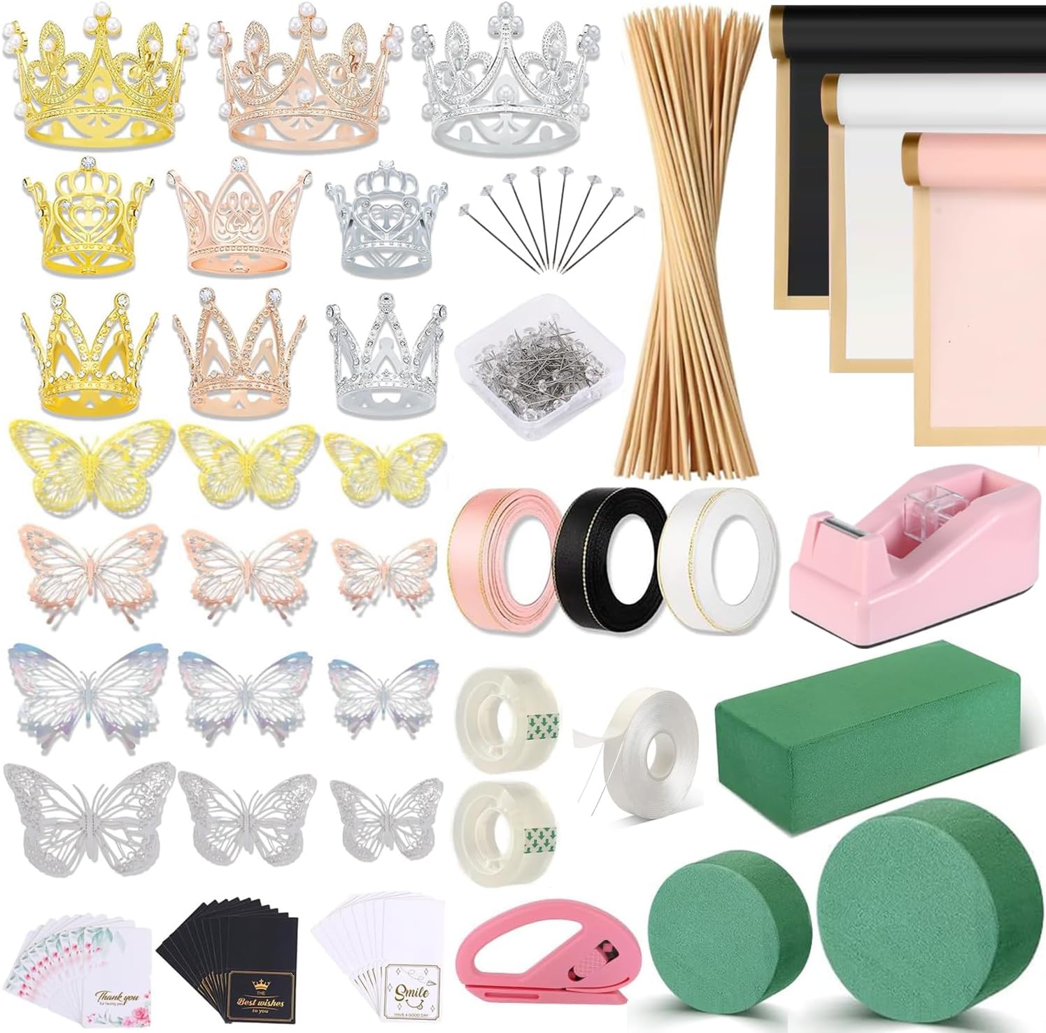 Majreey Floral Wrapping Paper Kit, 60Sheet Waterproof Floral Paper, 3Rolls Ribbon for Flower Bouquet, 2Rolls Transparent Tape,100Pcs Flower Pins, 48Pcs 3D Butterflies, 9Pcs Crowns 3 Floral Foam Blocks