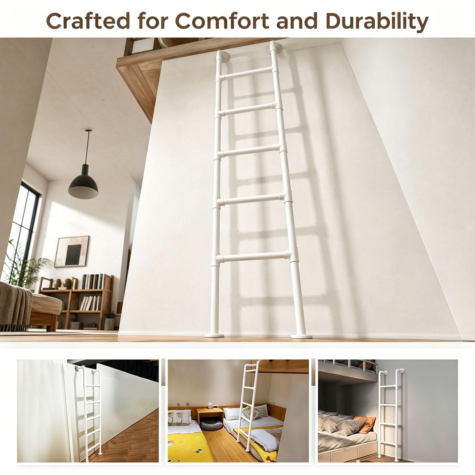 Escalera metálica Antideslizante Blanca de Hierro Forjado para Cama Alta Doble, 100-300 cm, Escalera de Emergencia para Subir a la Pared, para Camas Altas, terrazas, caravanas y Apartamentos