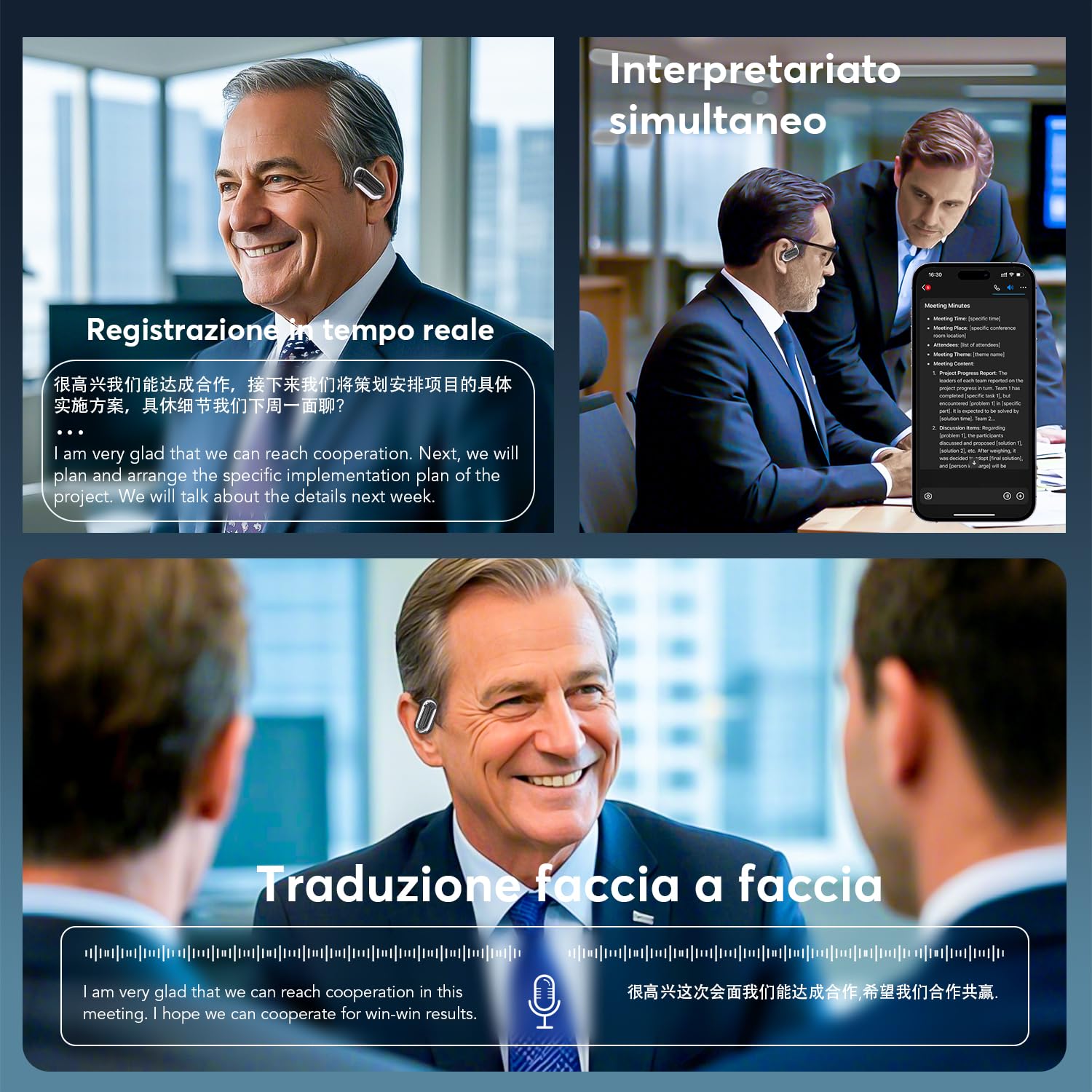 AI Cuffie Traduzione 4-in-1 in 188 Lingue Bluetooth 6.1 Auricolari Cuffiette Traduttore Istantaneo Vocale,Open Ear 60 ore Cancellazione Rumore ENC,IPX7 Traduttori Istantanei Vocali per Affari, Viaggi