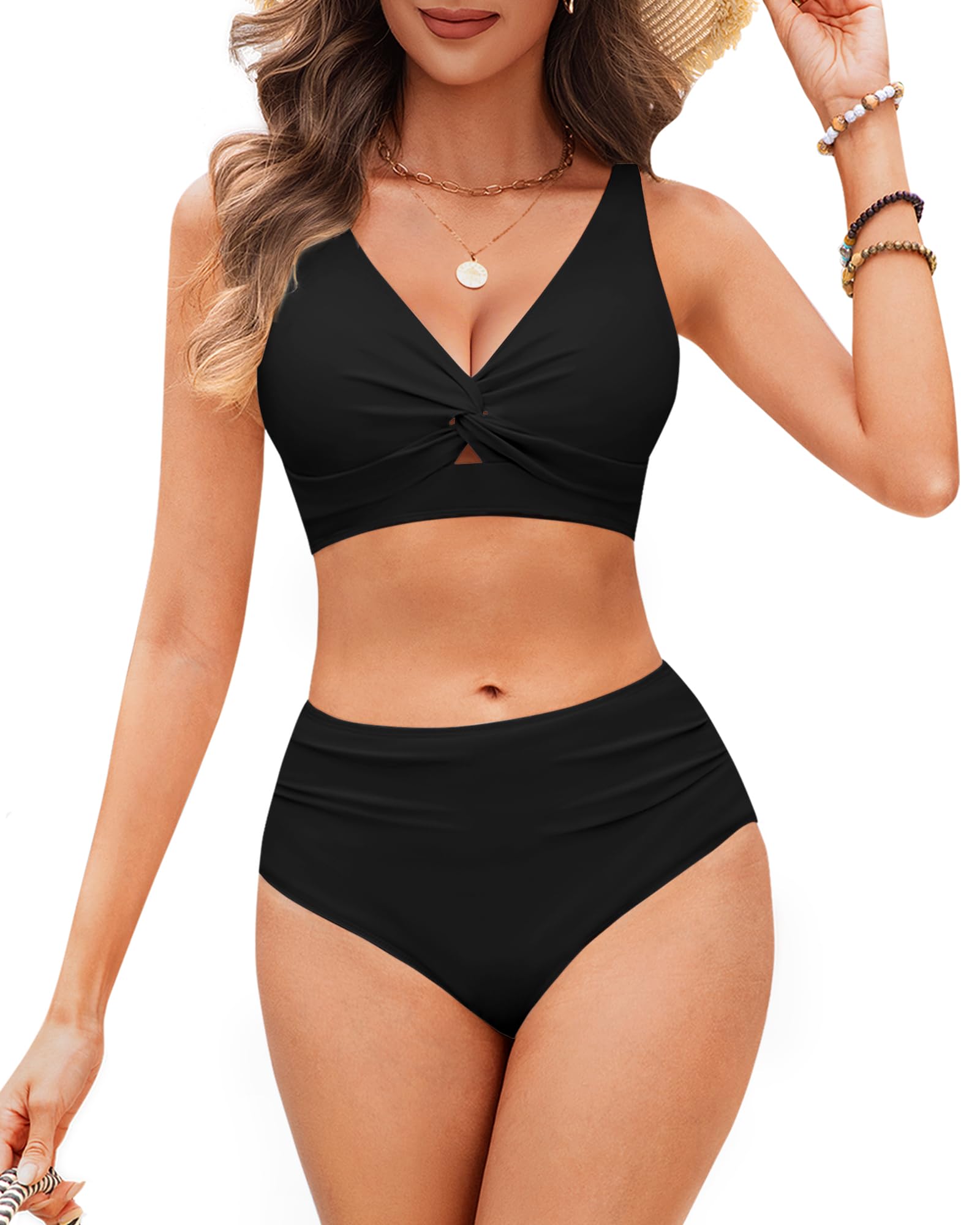 HORISUN Damen Bikini Set, High Waist Twist Front V-Ausschnitt Badeanzug Zweiteiliger Bademode Swimsuit