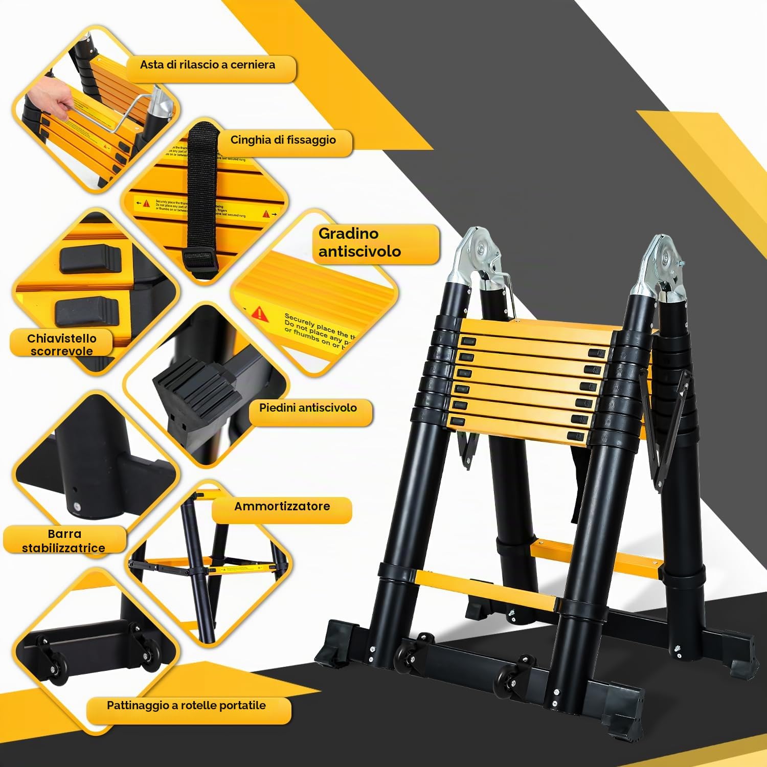 Ikodm Scala telescopica pieghevole in alluminio 5 m, scala alluminio telescopica antiscivolo, scala multiuso in alluminio, portata 150 kg, colore nero e giallo