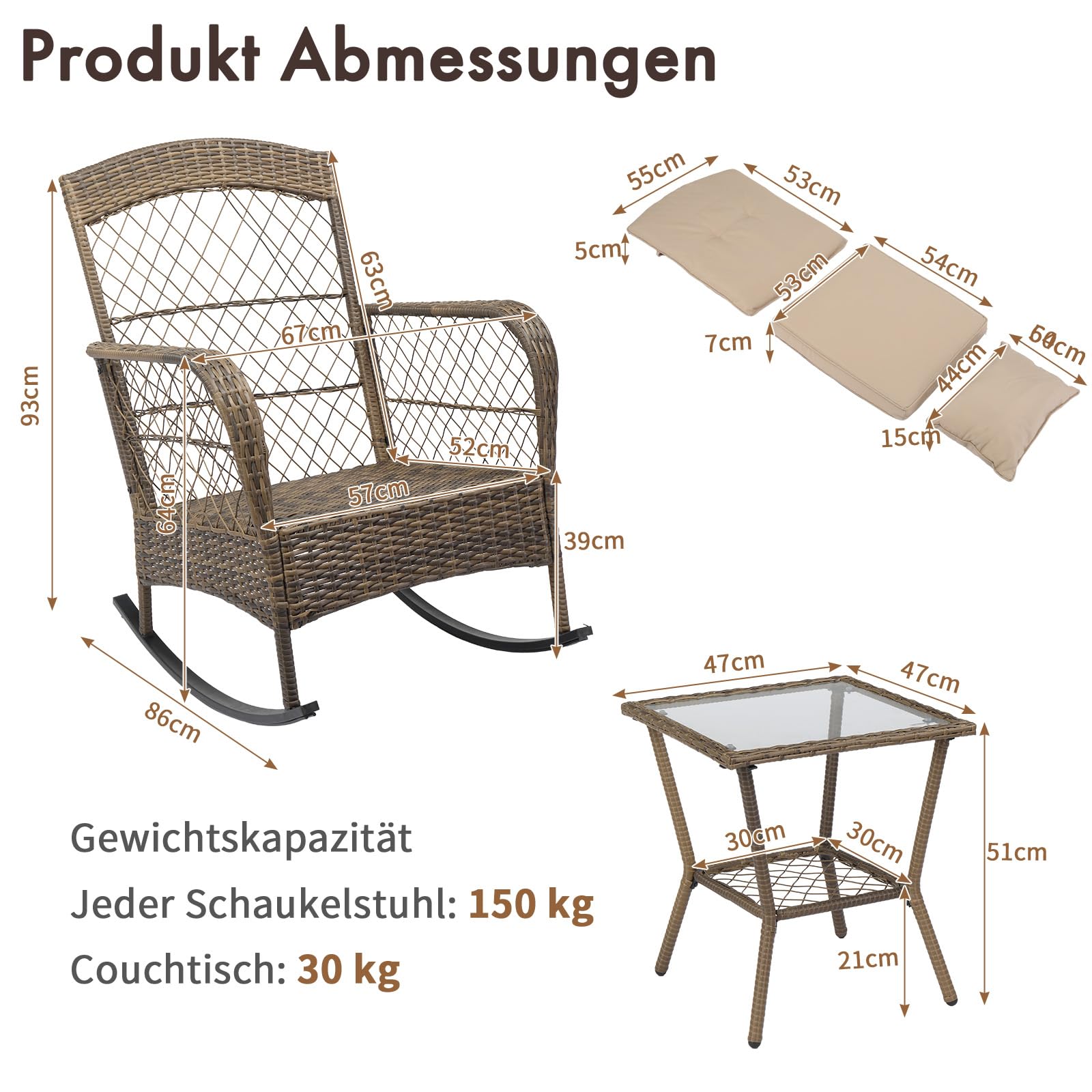 LEADZM Gartenmöbel Set für 2 Personen，Polyrattan Balkonmöbel 3-teiliges Set, Wetterfest, Komfortabel & Lässig, 2 Schaukelstühle & Tisch, für Garten, Balkon, Terrasse,Beige