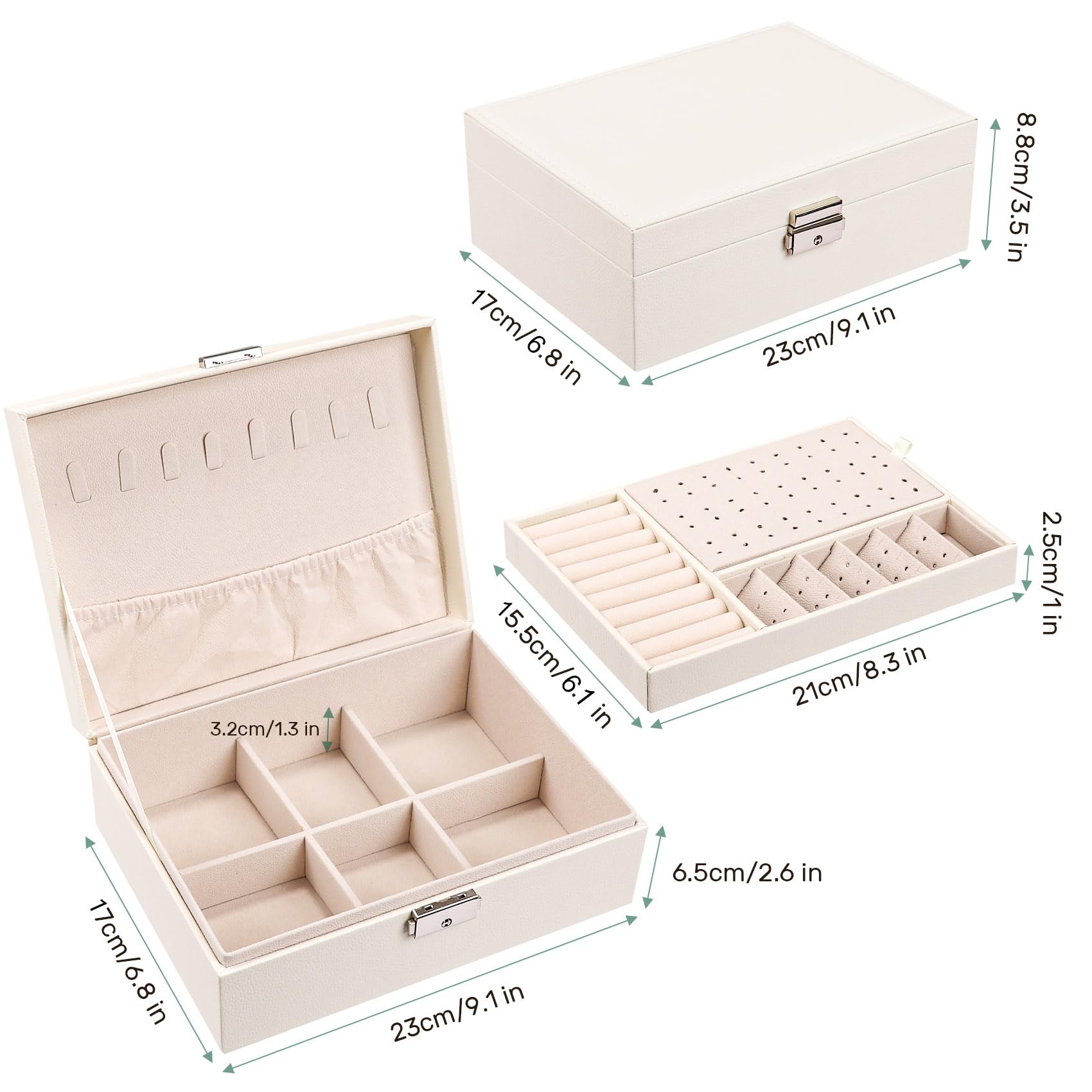 LUZOON Schmuckschatulle Schmuckkästchen für Damen, 2 Schich Schmuckaufbewahrung Mädchen Schmuckkasten Schmuckbox PU Leder Schmuck Groß für Ringe, Ohrringe, Halskette (Weiß)