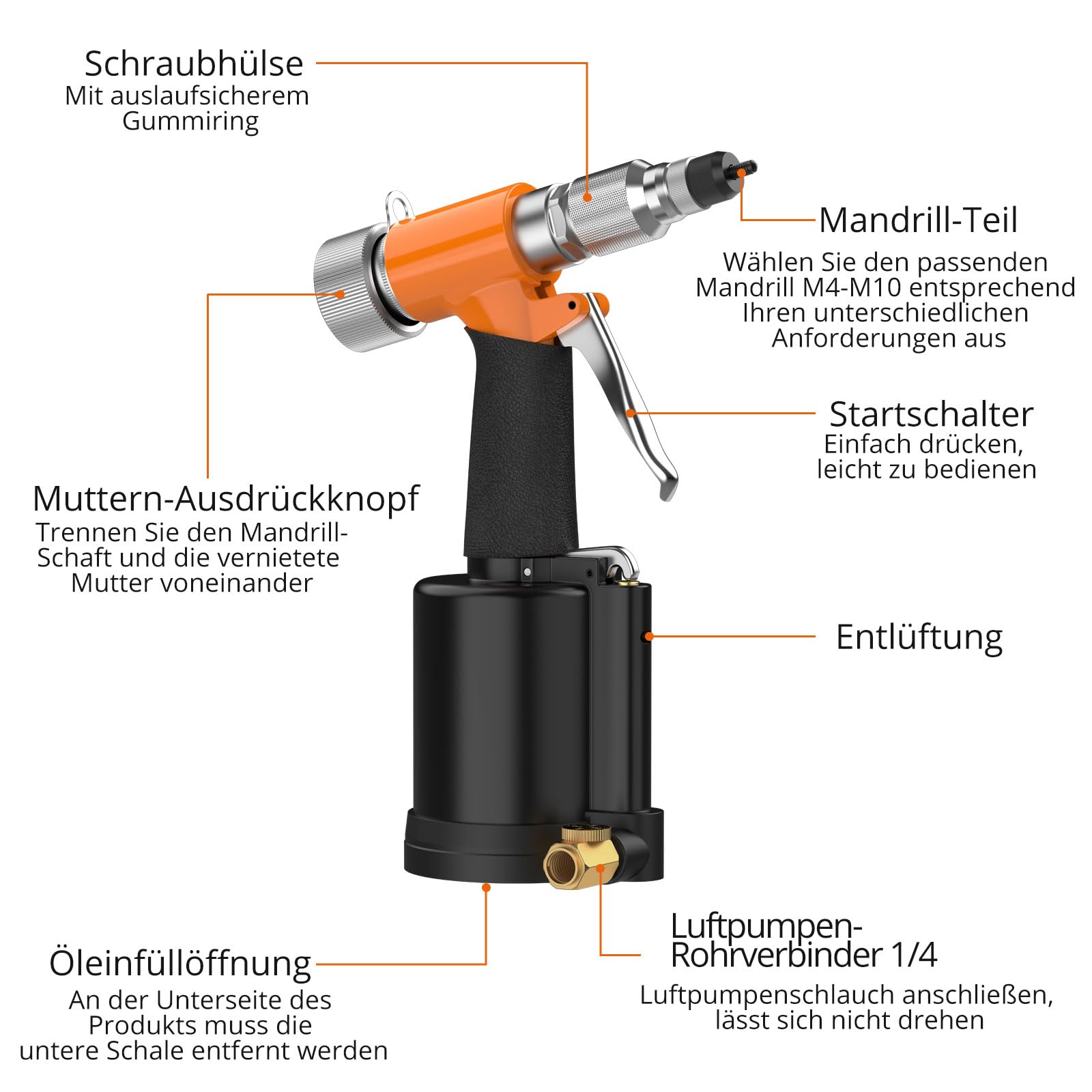 Proster Druckluft Nietmutternzange Set Nietmutterpistole, 100PCS Nietmutter Set, 5 Stück Metrische Mandrels (M4-M10), Luftdruckhydraulisches Werkzeug für Automobil, Industrie, Heimwerkerprojekte