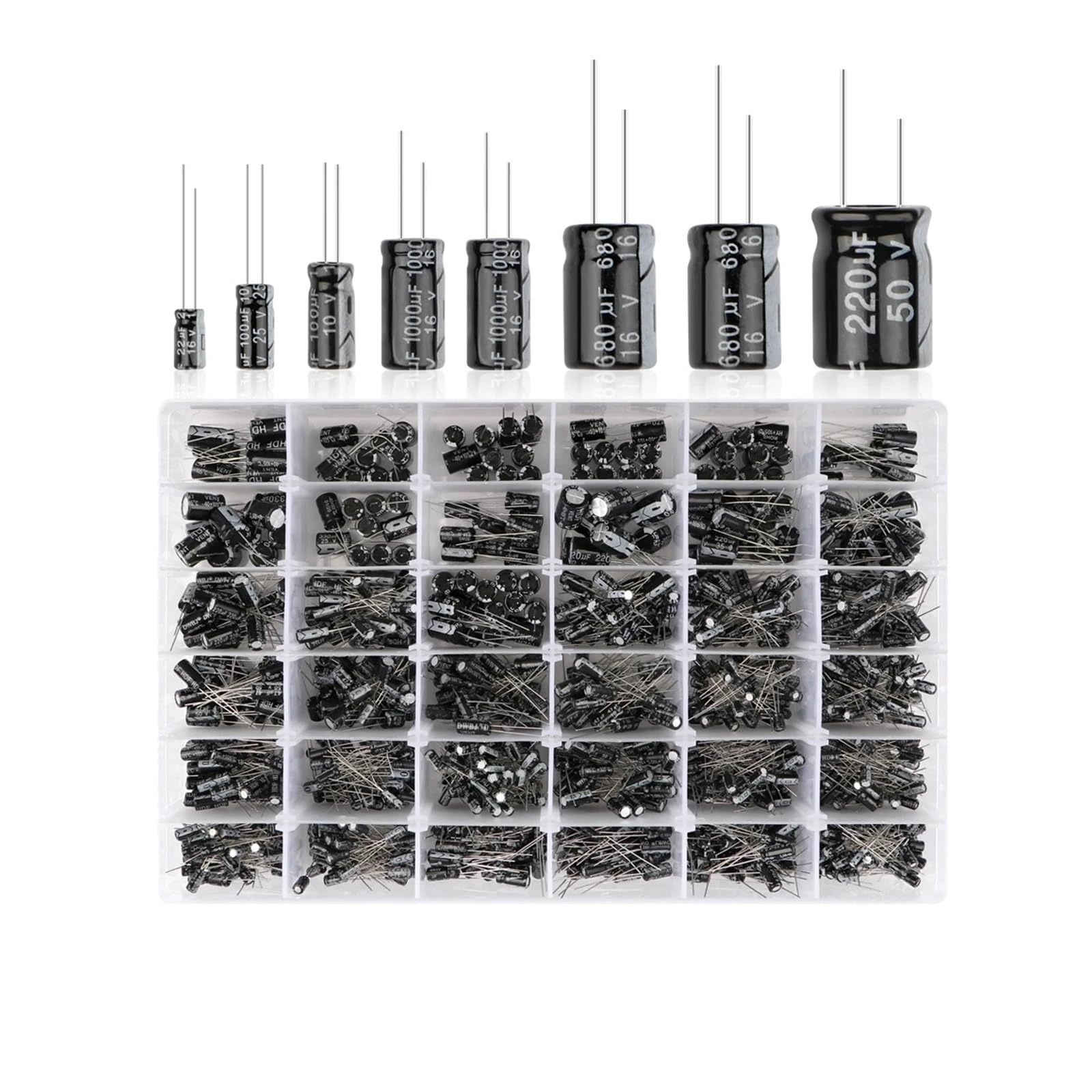 10 kit de condensadores electrolíticos de aluminio 16V-50V 0,1 uF-1000uF banco de condensadores 100UF 220UF 470UF 680UF