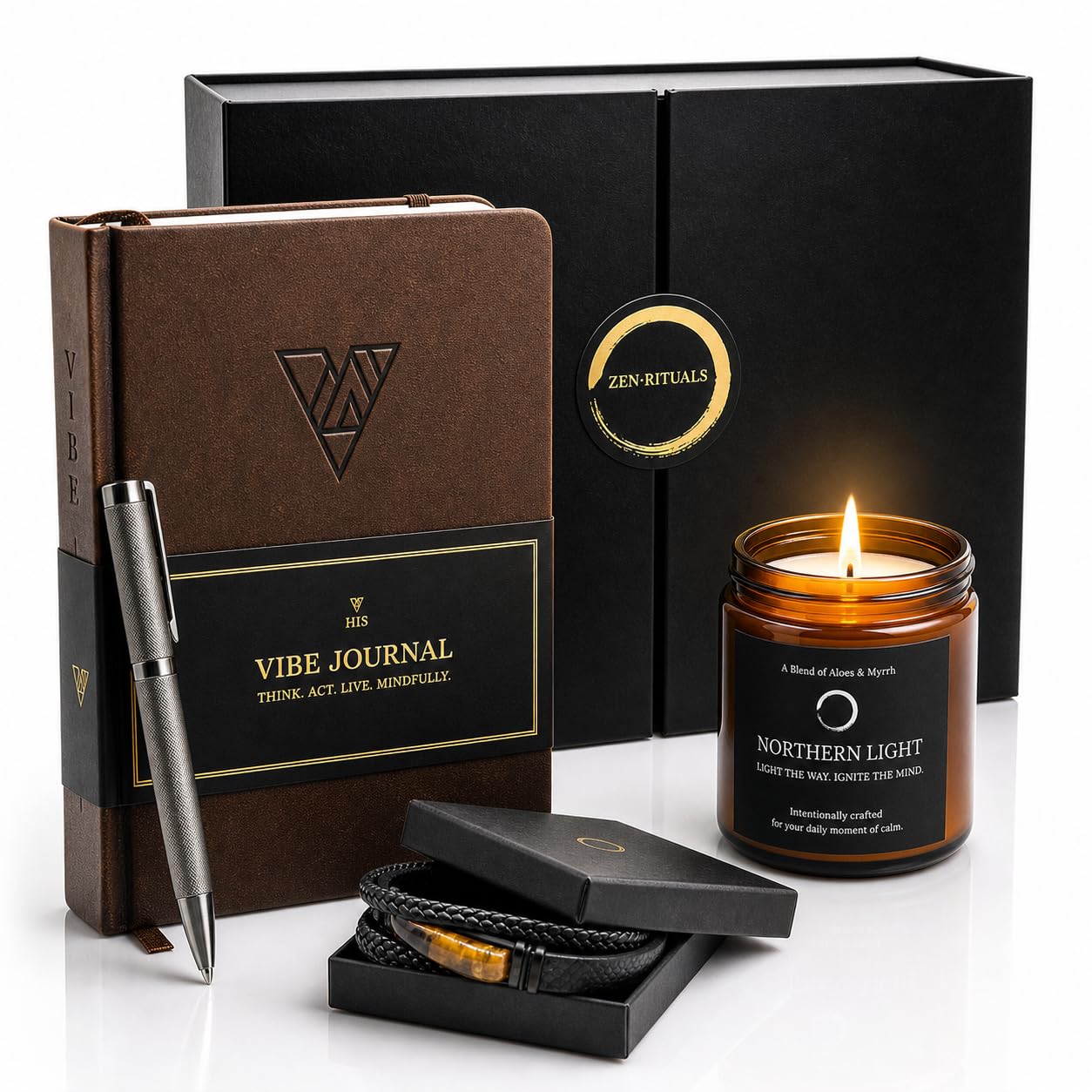 Gift Set for Men | Mindfulness & Self Care Set with Guided Journal, Brass Pen, Scented Candle & Tiger Eye Bracelet | 13-Week Self Mastery Journal with Short Readings & Daily Prompts | Gift Box