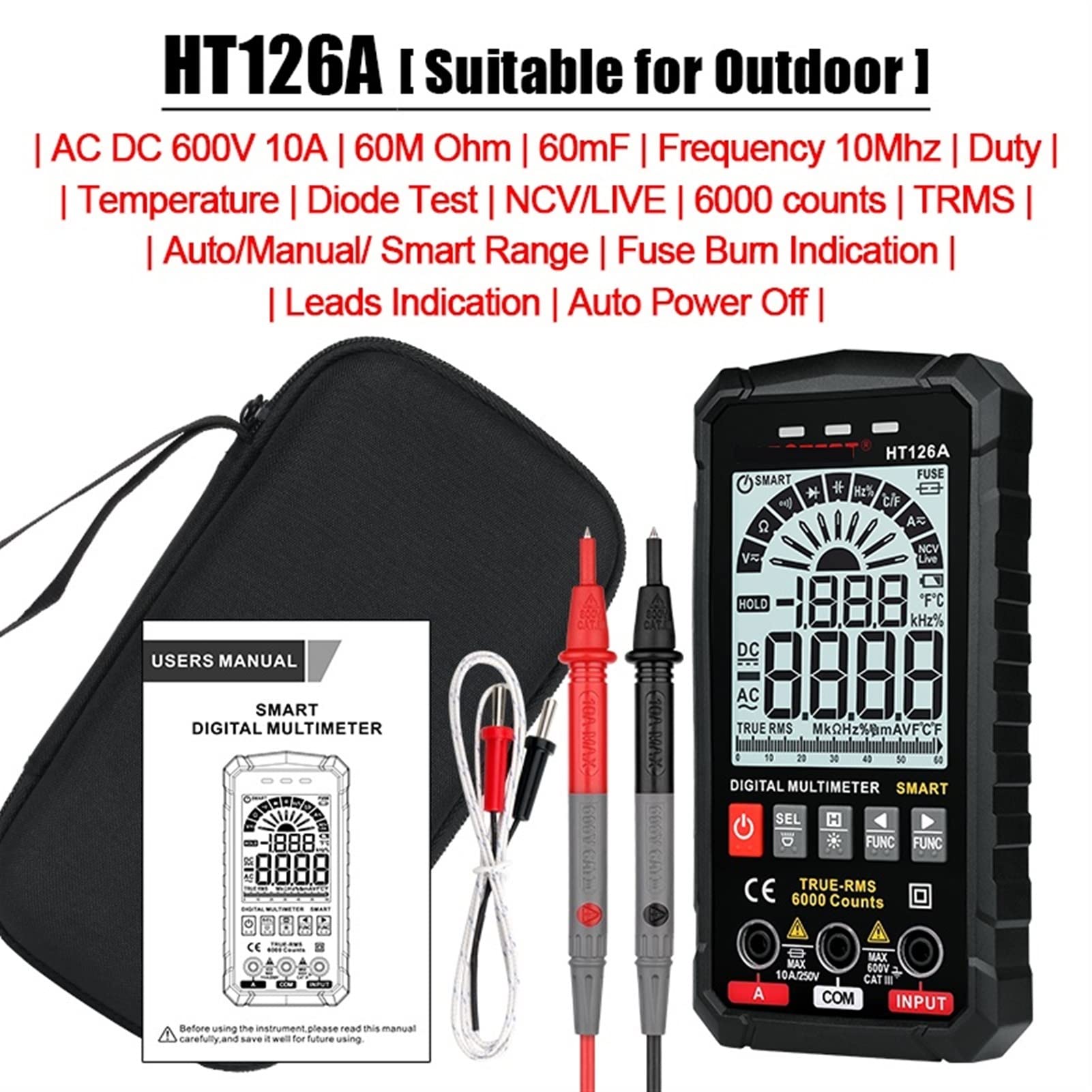 Probador de batería, Multímetro de 5ta generación profesional digital. CA DC TRMS Corriente voltaje OHM 60MF HZ Bricolaje Probador metros electricista(HT126A Multimeter)