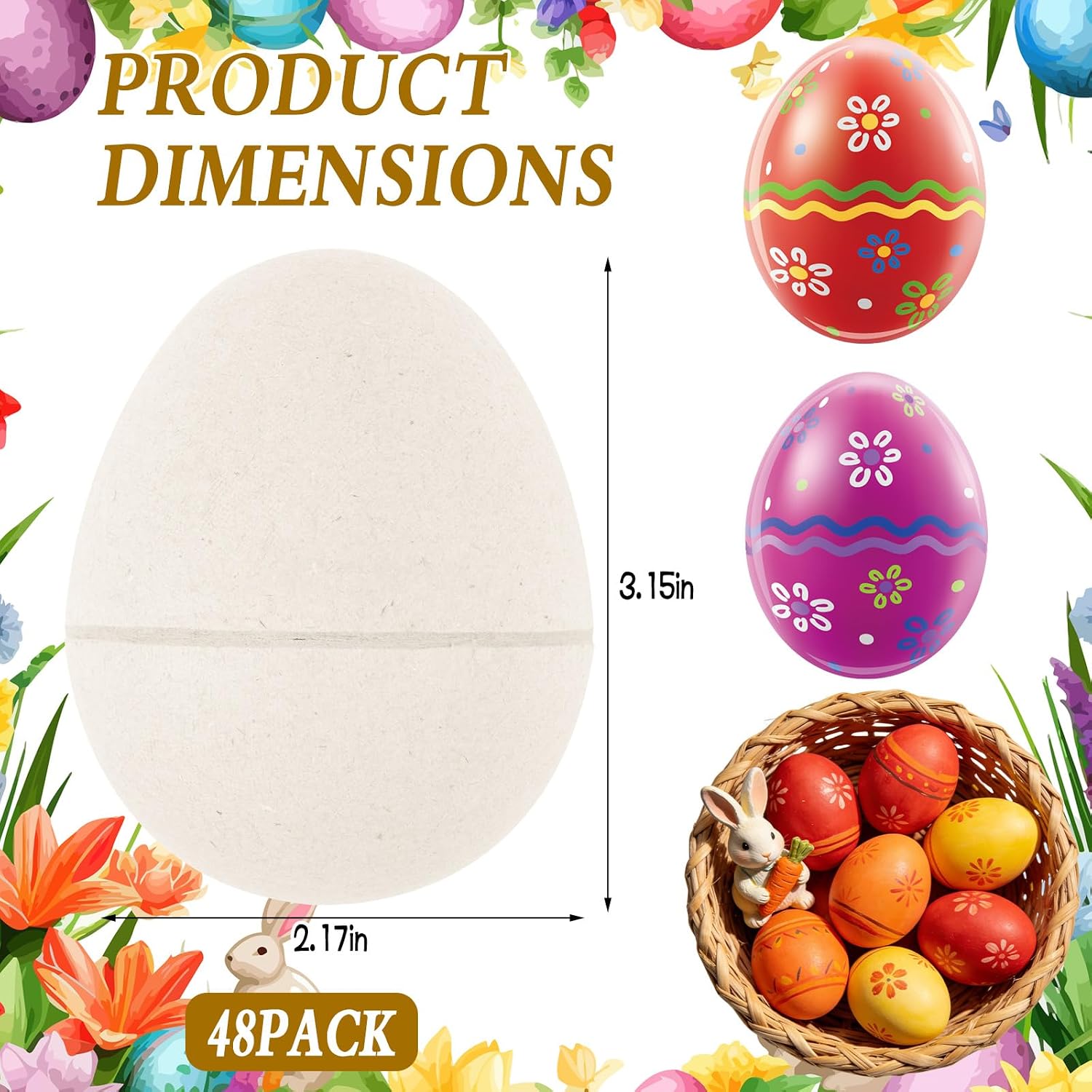 48 Pcs DIY Paper Mache Easter Eggs,3.2"x2.2"Durable Easter Eggs Empty,Cardboard Easter Eggs,Paint Your Own Paper Mache Eggs for Easter Party Gifts Basket Filler (White)
