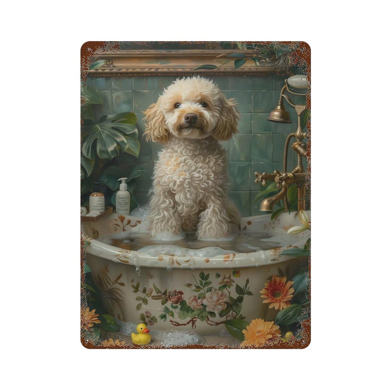 Poodle Dog in A Bathtub Rust Effect Tin Sign 15.7"x11.8", Ideal for Cafe, Home Bar And Lounge Decor