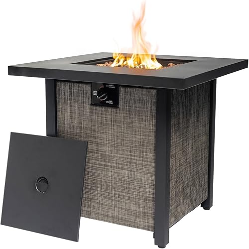 SENJOYS Mesa para fogata de propano de 28 pulgadas, fogata de gas de acero de 50,000 BTU para exteriores, mesa de fuego con tapa, añade calidez y