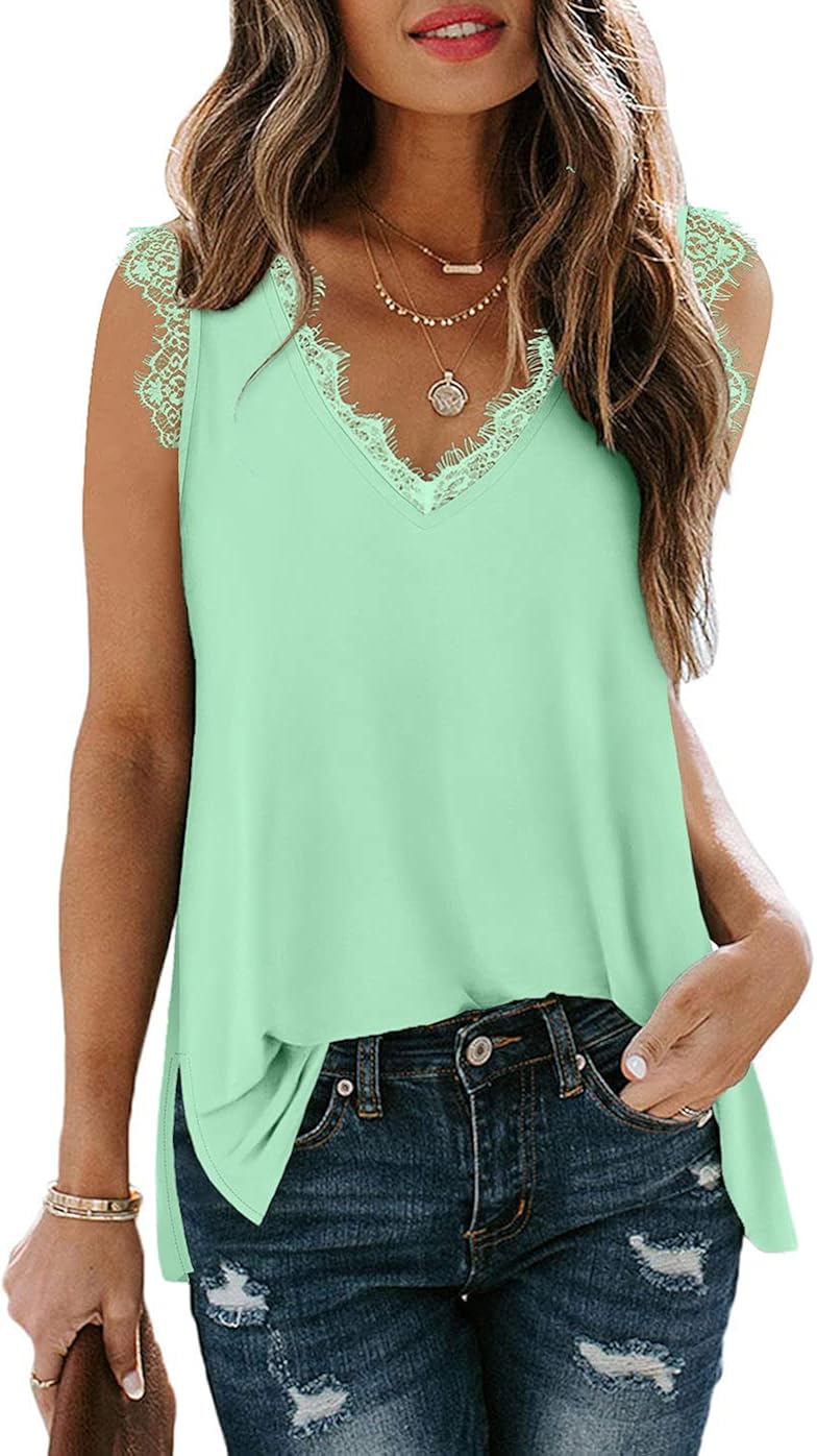Women's Lace Tank Tops V Neck Sleeveless Summer Casual T Shirts Tunic Side Split Loose