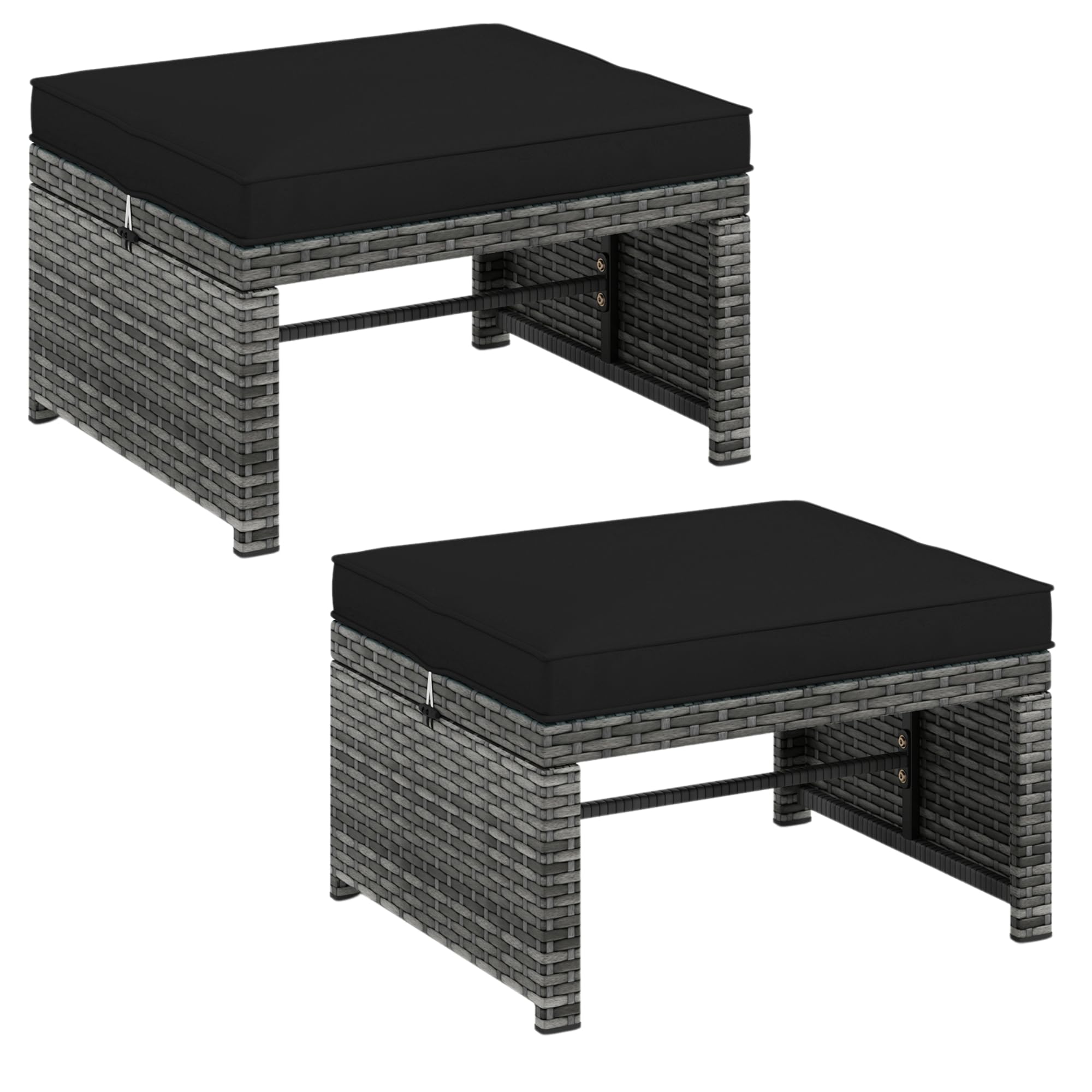 CHEFJOY Outdoor Ottomans, Set of 2 PE Rattan Foot Stool w/Soft Zippered Cushions, Multipurpose Patio Ottomans, Outdoor Furniture for Backyard, Additional Seating, Footrest, Side Table (Black)