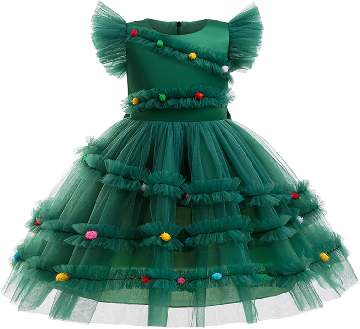 Fldy Girls Christmas Tree Dress Xmas Party Tutu Dress Bow Knot Pompoms Mesh Dress