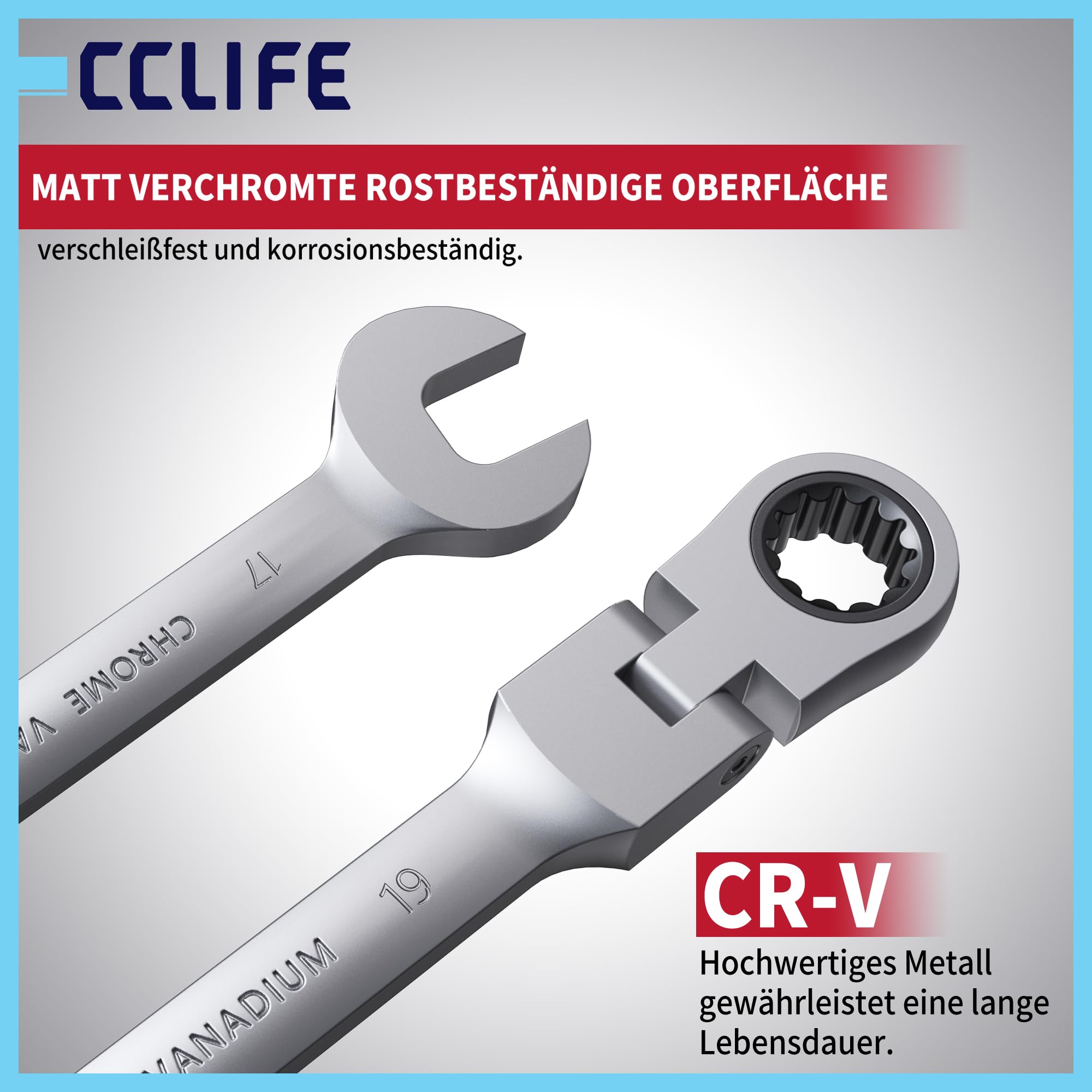 CCLIFE Set di 14 chiavi a cricchetto snodate, chiavi a cricchetto ad anello da 6-22 mm, Cr-V 72 denti, set di attrezzi per riparazione auto, flessibile a 180°, con custodia inclusa