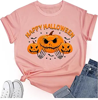 Women's Halloween Shirt:Pumpkin Art Patterns Crewneck Short Sleeve Halloween Party T-Shirt
