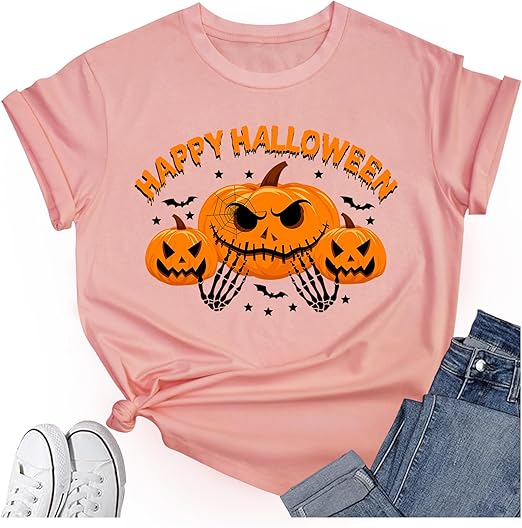 Women's Halloween Shirt:Pumpkin Art Patterns Crewneck Short Sleeve Halloween Party T-Shirt