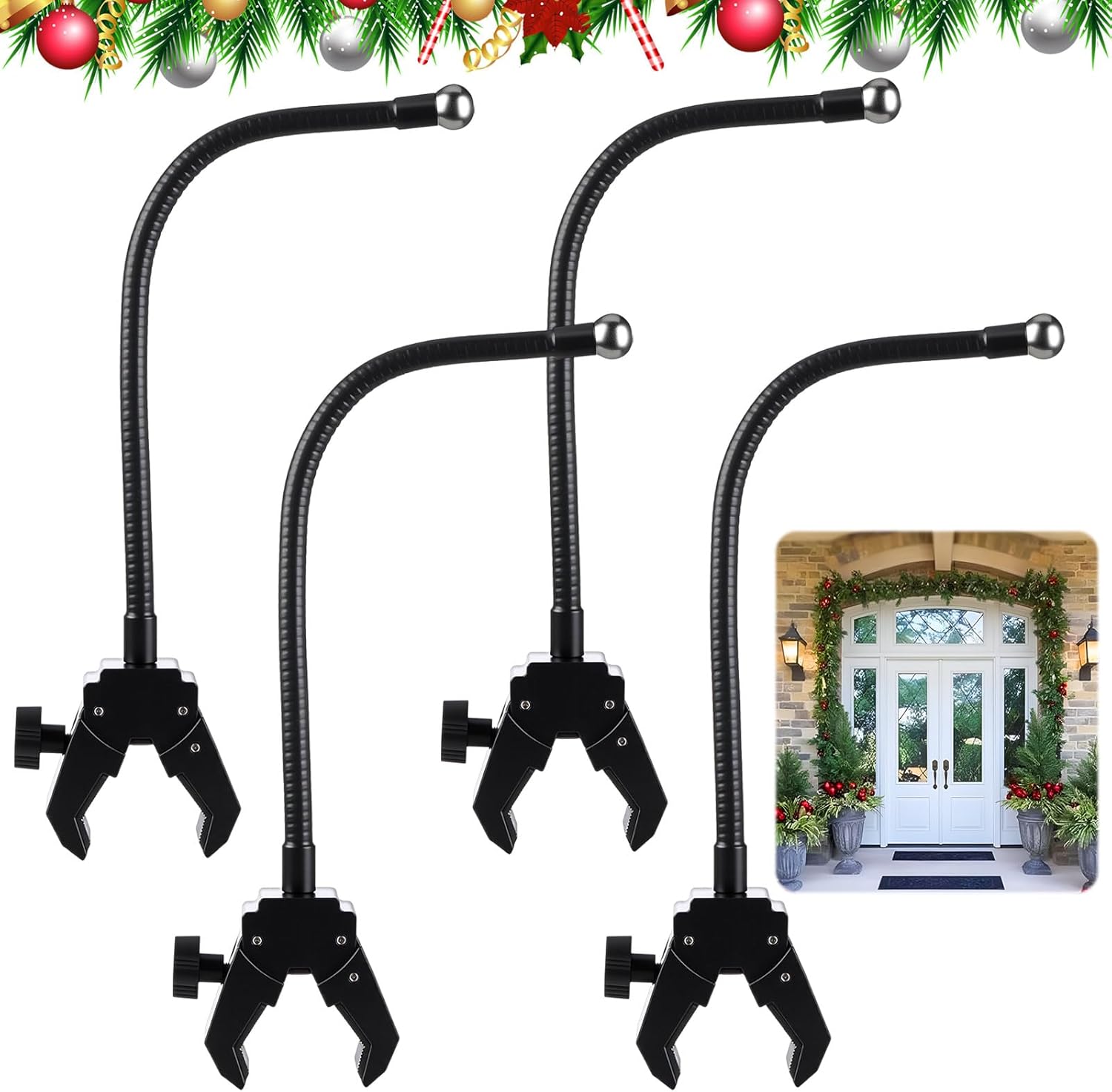 4 Pcs Christmas Garland Hanger for Front Door, 360-degree Adjustable Wreath Holder Suitable for Different Door with No Screws Stocking Holders Mantle Hooks for Christmas Decor (Clip)