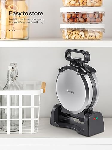 Miniatura 6 de Reemix Máquina para hacer gofres redonda clásica belga con diseño giratorio de 180, platos antiadherentes y mango de tacto frío, máquina de gofres