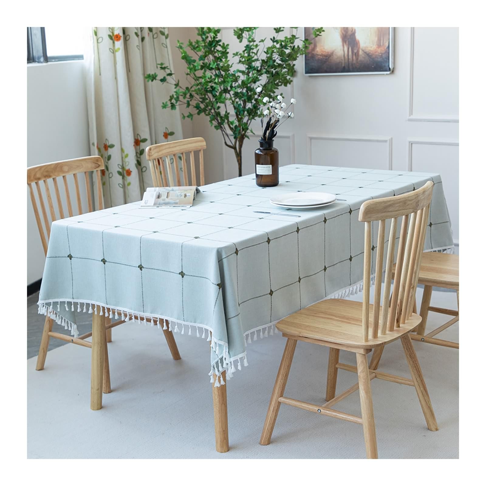 Mantel rectangular de algodón, lino, lavable, antimanchas, con pompones para hogar, restaurante, banquete, color gris y azul, 140 x 140 cm