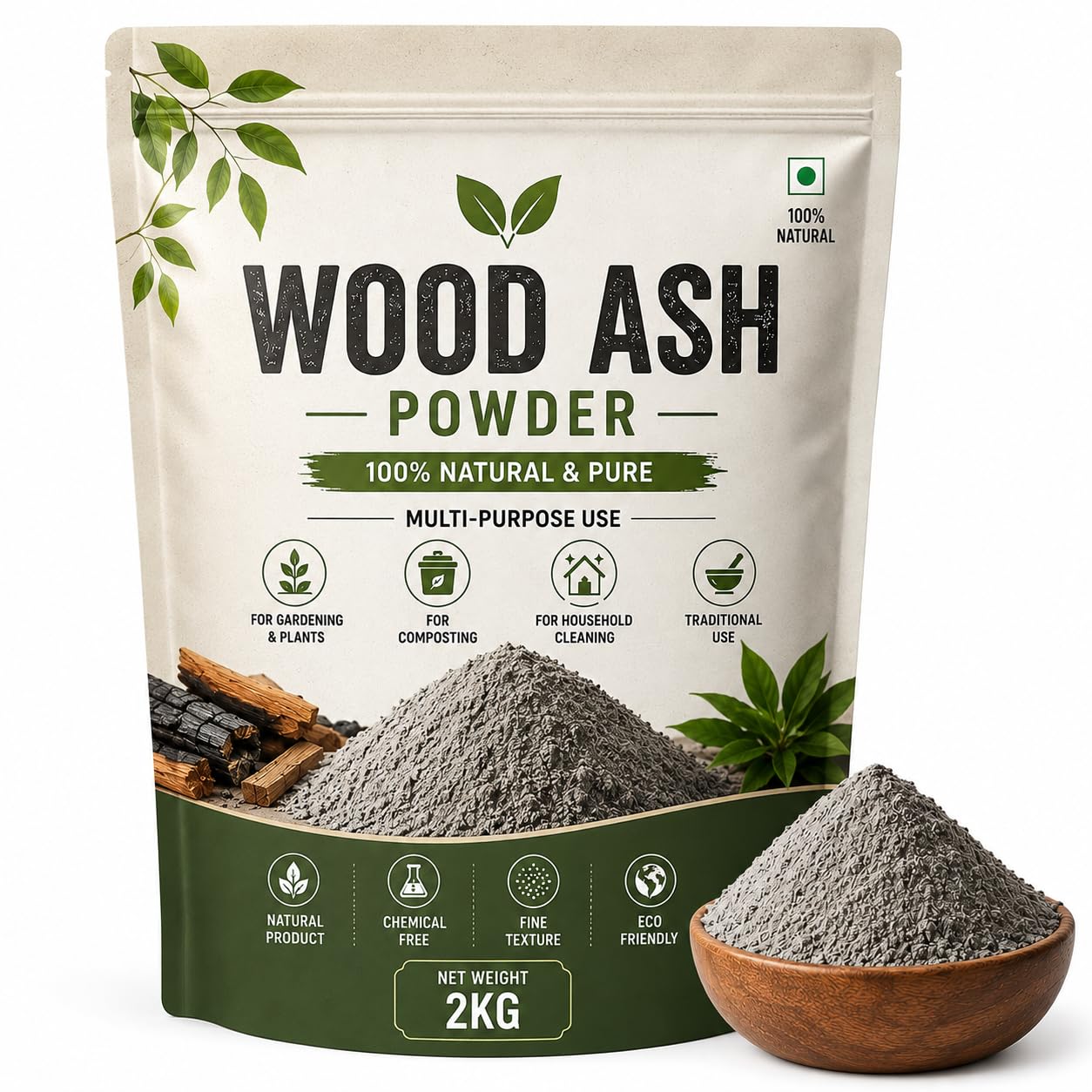 Wood Ash Powder 2 kg, 100% Natural & Pure, Chemical Free | For Gardening & Plants, For Composting, Household Cleaning, Fine Texture, Multi-Purpose Use-image-0