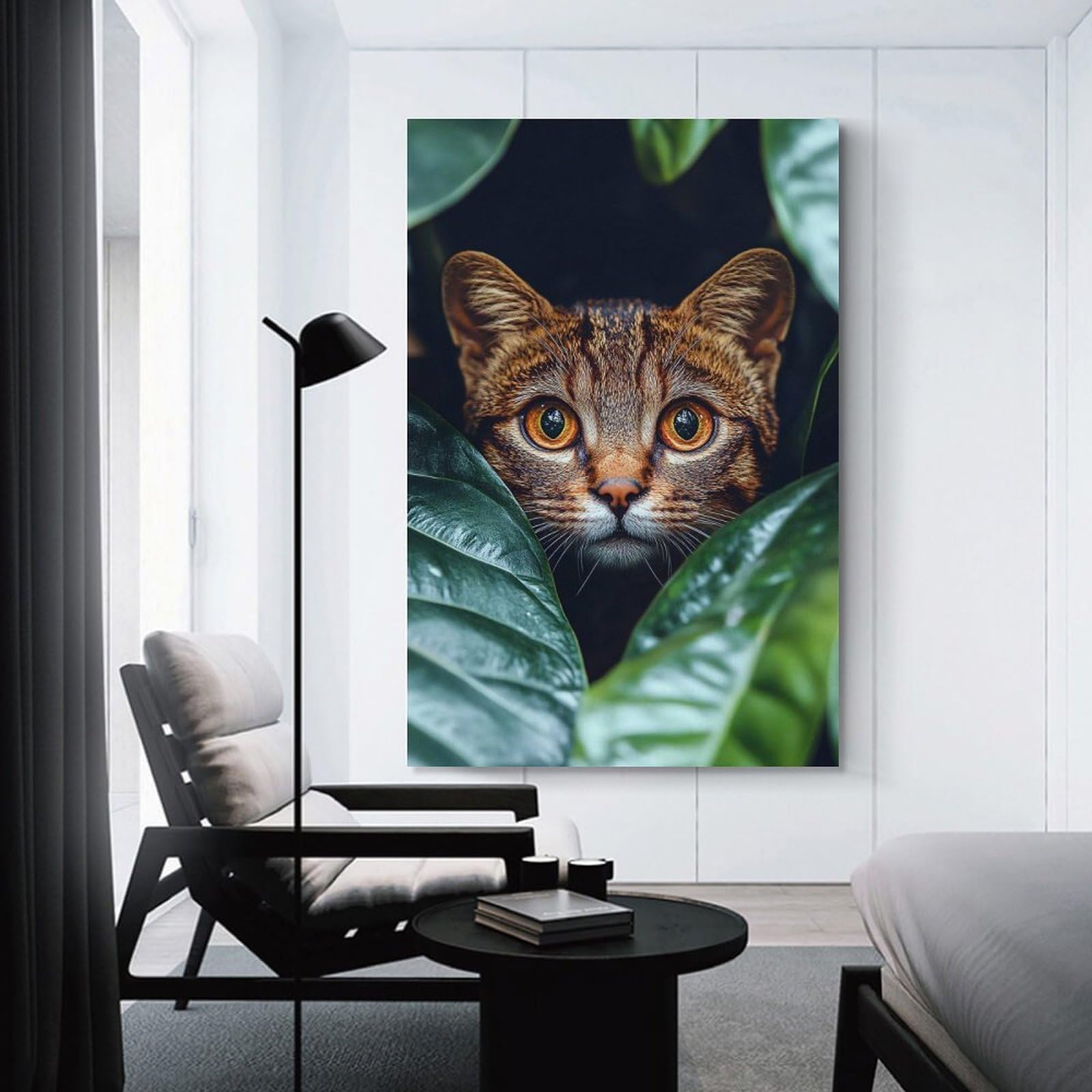 Junmoney Unframe-Style-16 Wall Picture Print Wild Cat Peeking Through Green Leaves, 08X12inch(20X30cm), For Wall Displays, Bedrooms Or Room Updates, Wall Decor Suited To Curated Displays