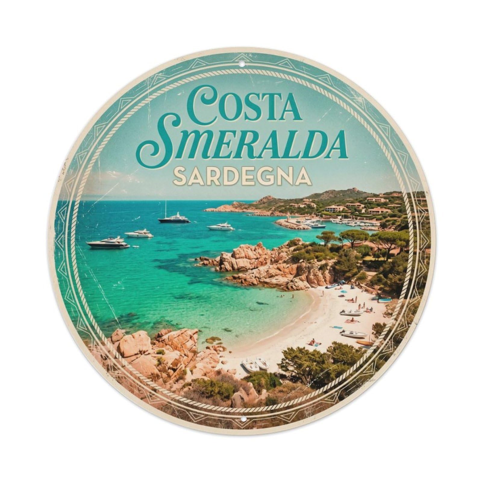 Vintage Travel Emerald Sardinia Coast Metal Tin Sign Plaque Wall Decor for Cafe, Club Bar, Office, Home Garden Round Metal Poster 8x8Inch