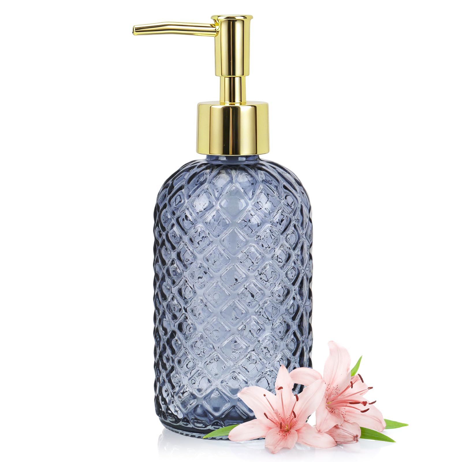Hebaogugu Clear Blue Soap Dispenser with Plastic Gold Pump 400ml/14oz
