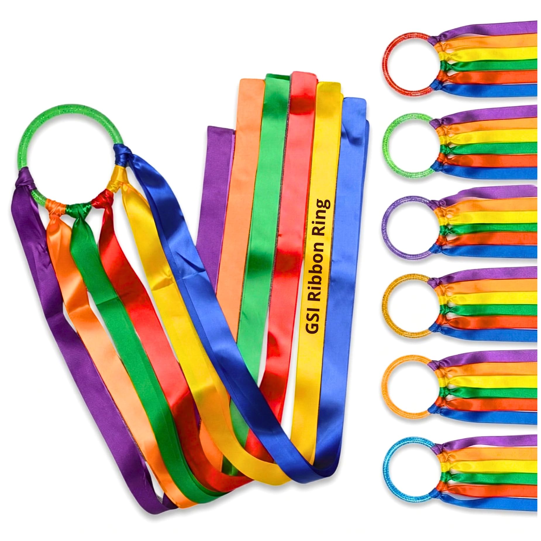 GSi Ribbon Rings for Kids 6-Pack with Storage Bag and 12 Flowing Ribbons Each Dance Ribbons, Classroom Movement, Gymnastics, Party Favors