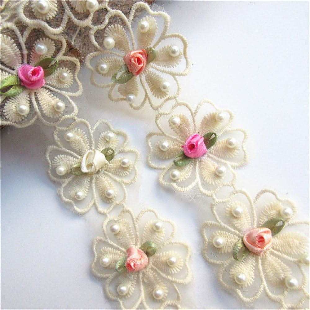 Qiuda 2 Yards Flower Pearl Lace Edging Trim Ribbon 5cm Width Vintage Apricot Trimmings Fabric Embroidered Applique Sewing Craft Wedding Bridal Dress Embellishment Party Decoration Clothes Embroidery
