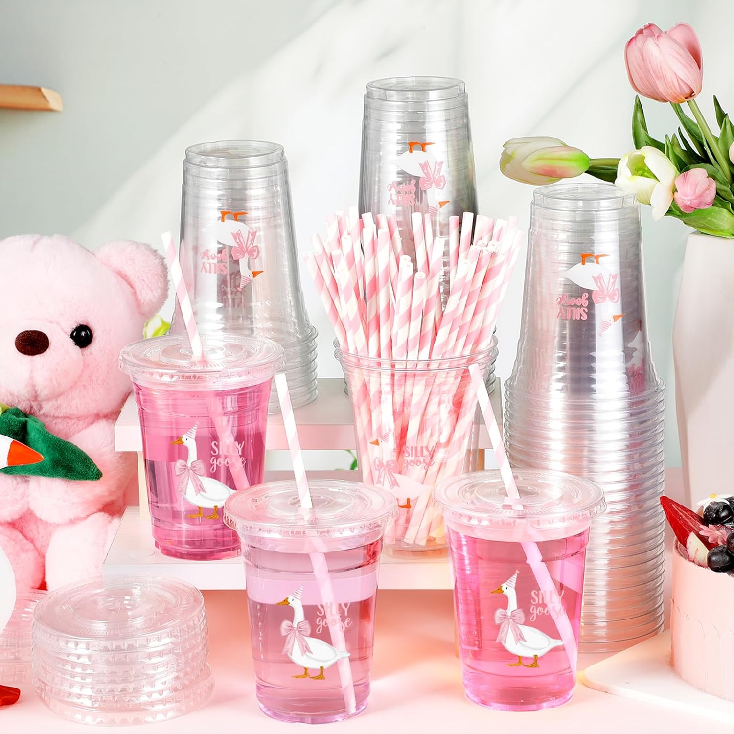 Qinyoung 50 Pcs One Silly Goose Birthday Party Disposable Plastic Cups with Lids and Straws 16oz One Silly Goose Baby Showers Cups Cute Cold Beverage Drinking Supplies for Party Decorations(Pink)